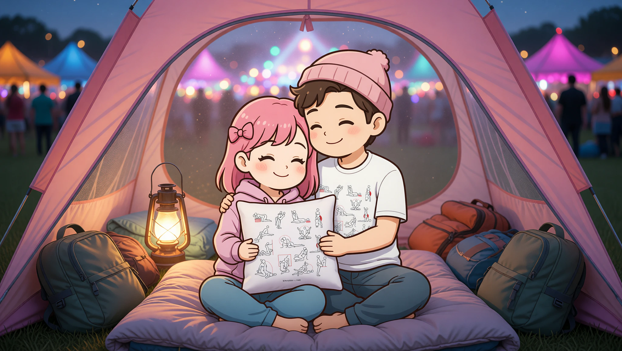 Man and woman couple sharing an intimate moment inside a festival tent surrounded by camping gear.