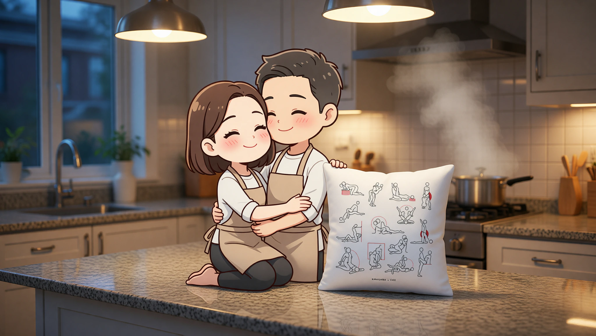 A man and woman sharing an intimate countertop embrace in a warmly lit kitchen during a cozy night.