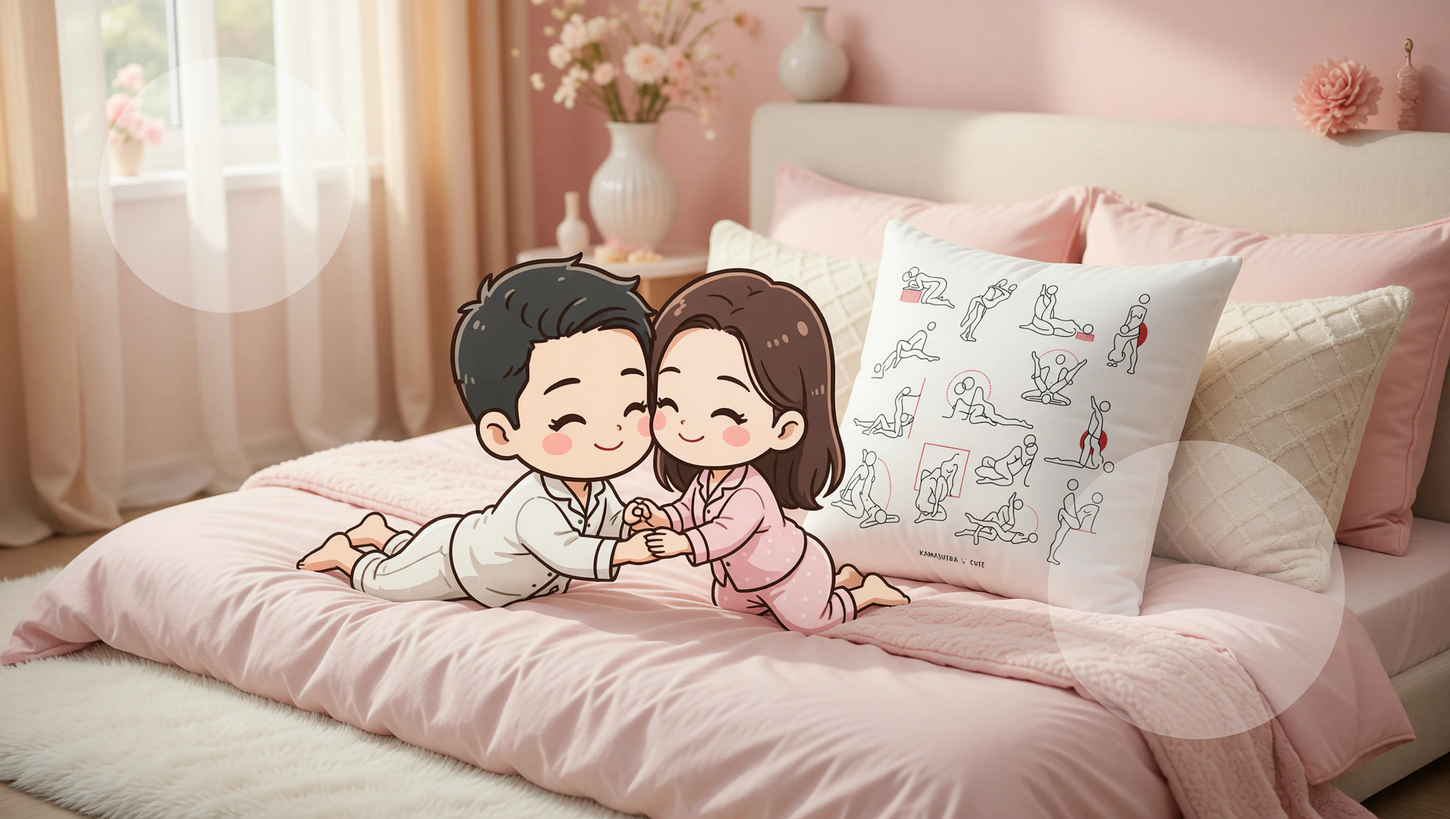 A man and woman passionately engaged in a decor-inspired pillow-propped intimate position in a cozy bedroom setting.