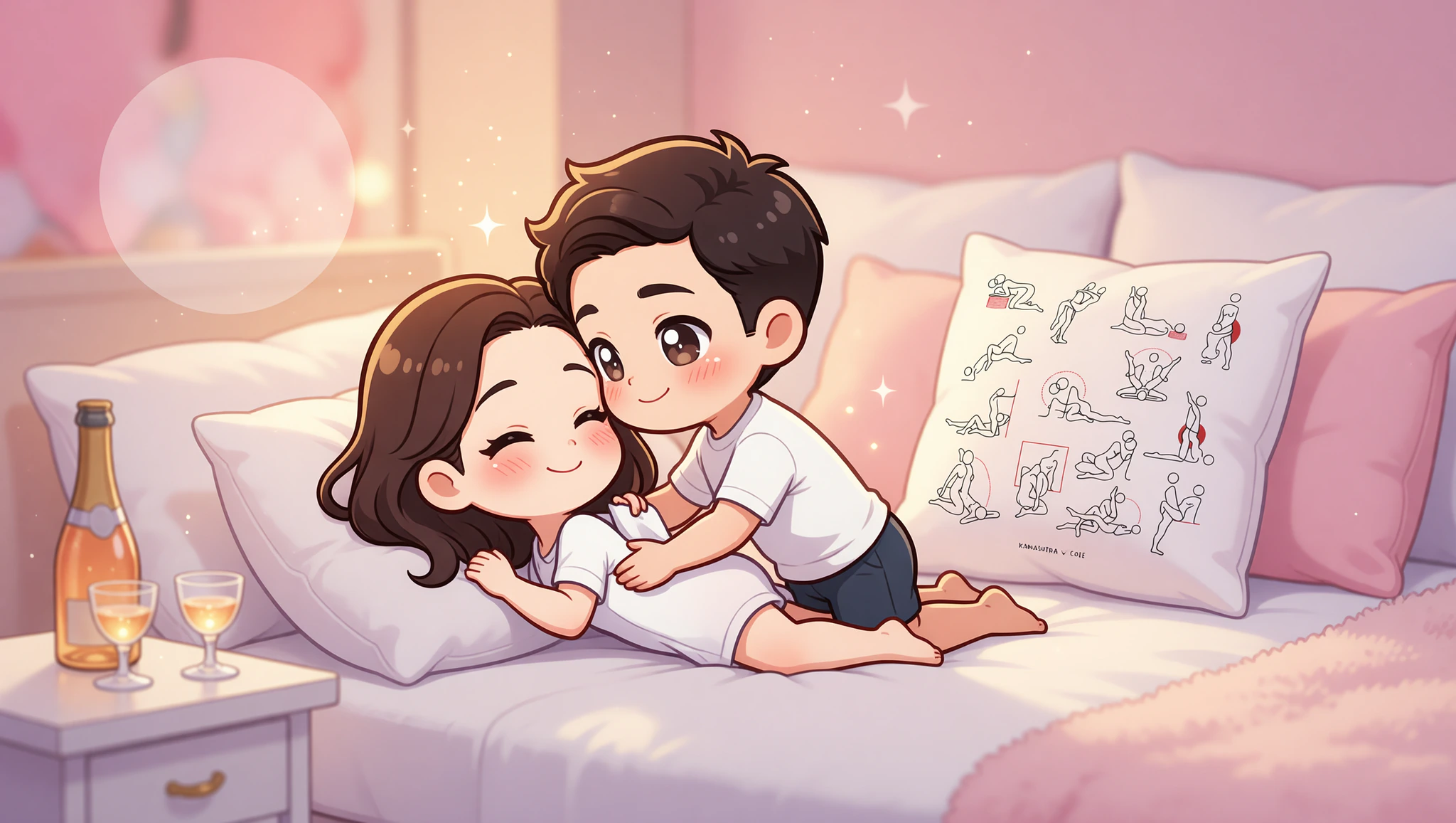 Heterosexual couple in sultry elevated missionary position celebrating a milestone intimately on a cozy bed.