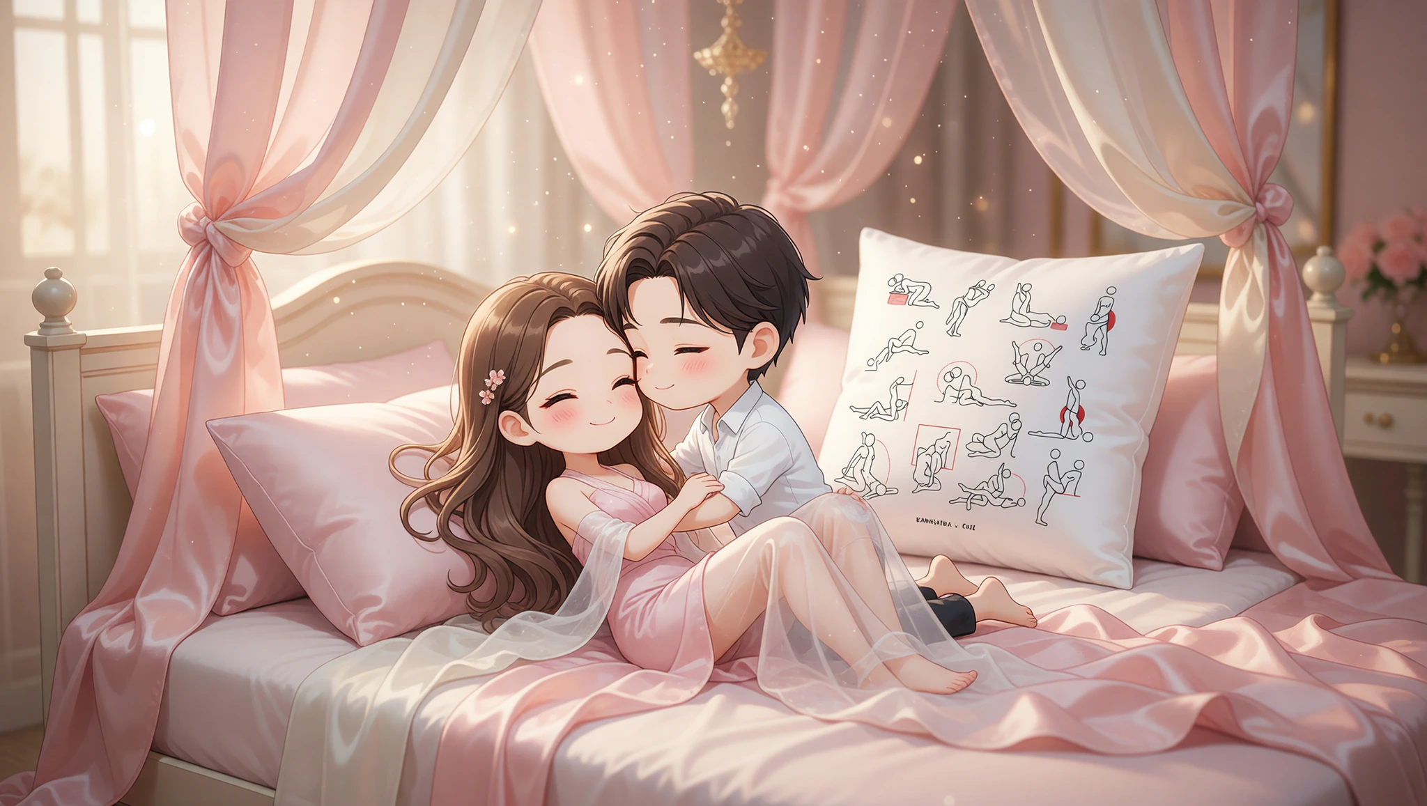 A man and woman sharing a close embrace surrounded by flowing silk drapes in a cozy bedroom.