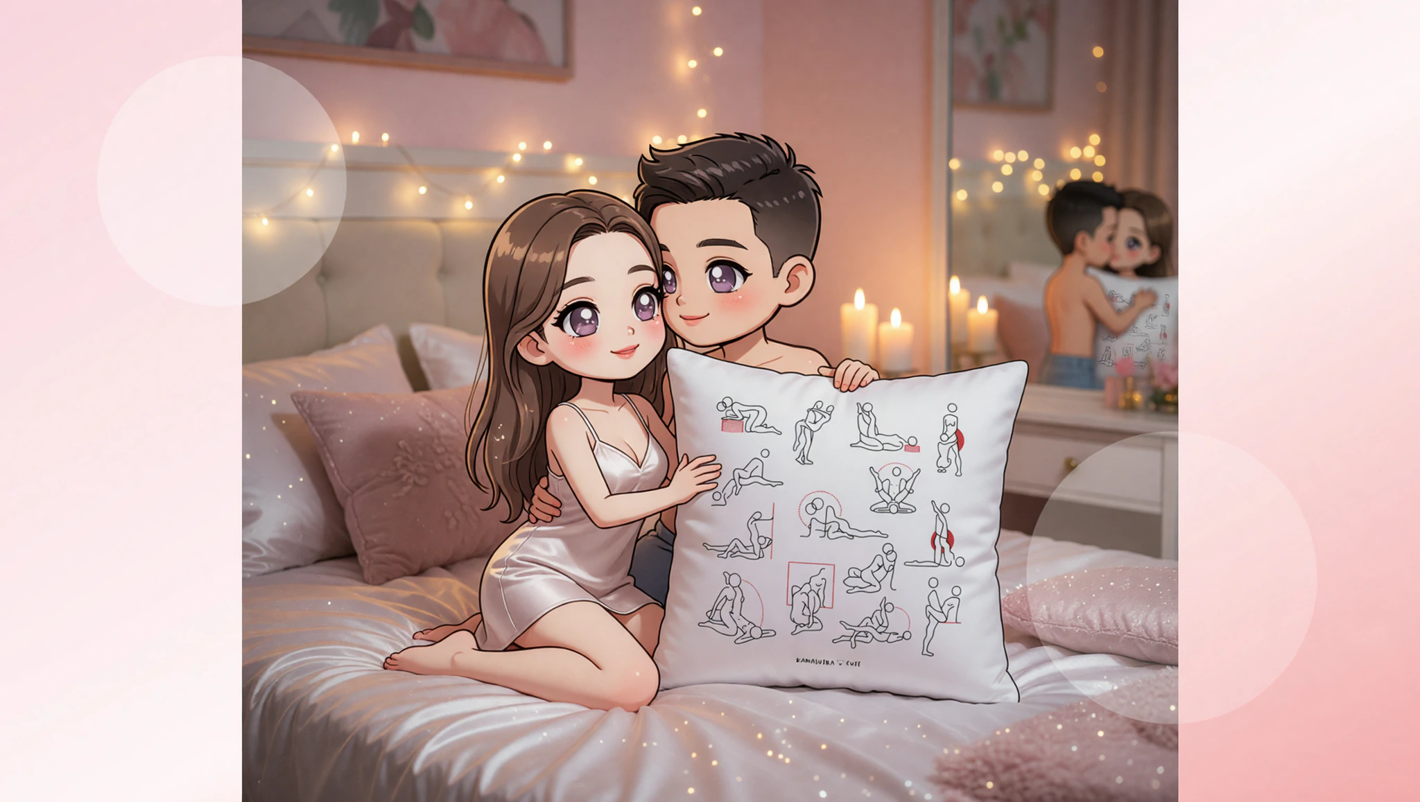 Pareja heterosexual en pose seductora sobre sábanas sedosas en un dormitorio romántico.