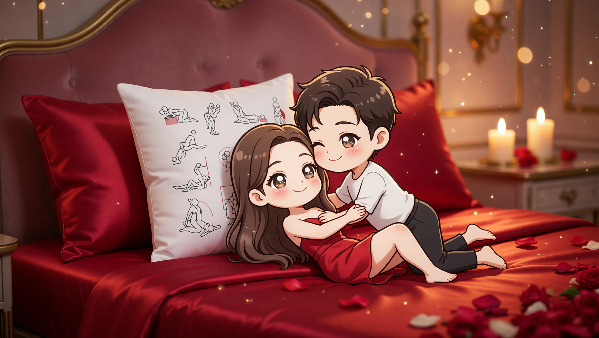 A passionate man and woman gliding sensually on silk sheets in an elegant bedroom setting.