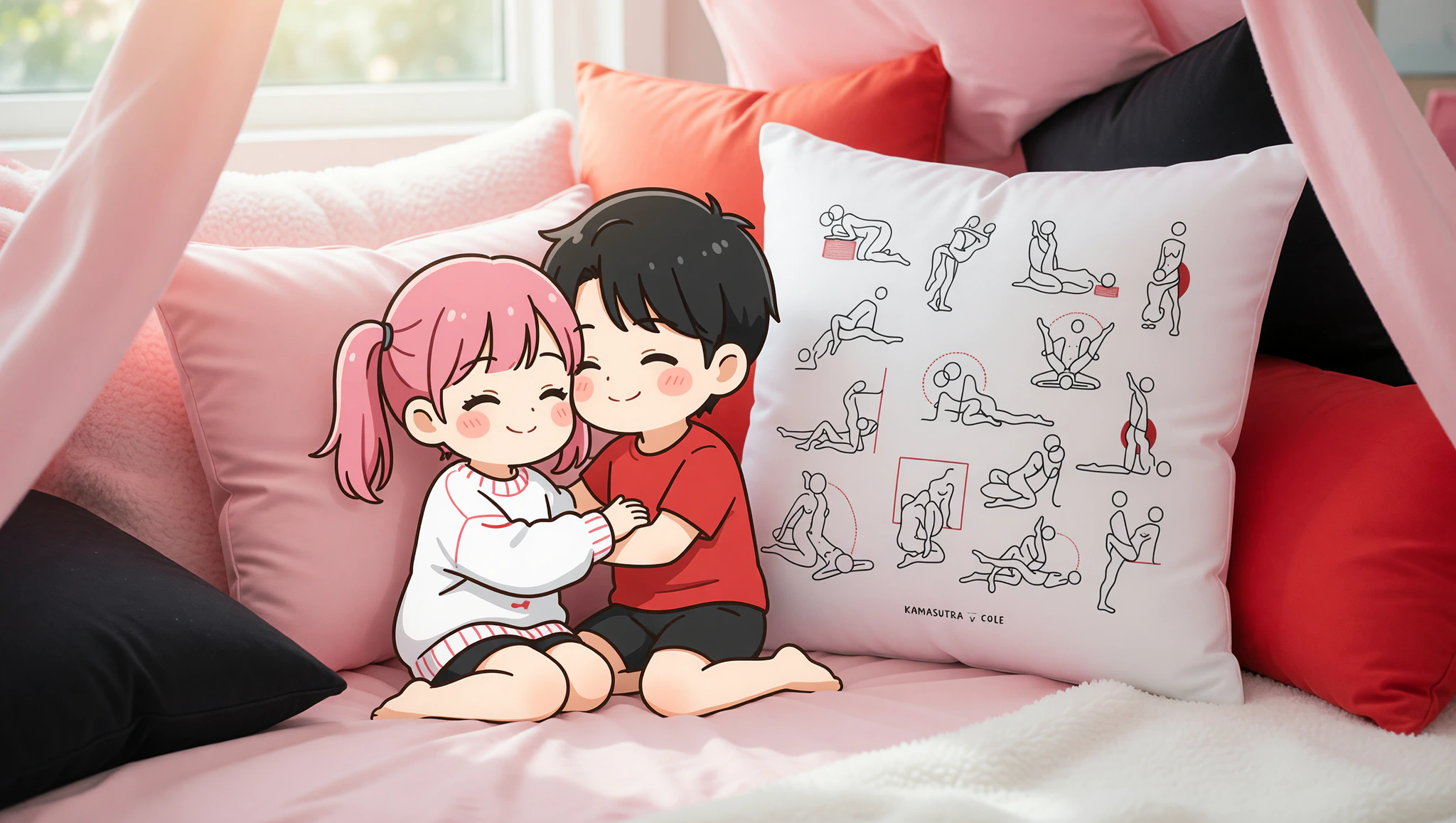 Couple in plush pillow nest enjoying intimate Sunday cuddles.