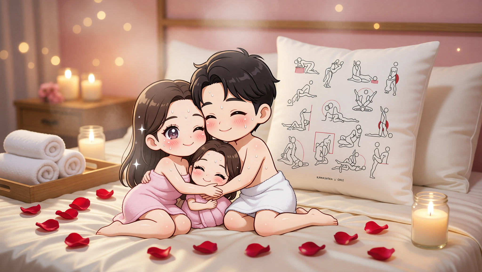 Pareja heterosexual disfrutando de una posición sexual relajante en un ambiente spa íntimo con almohadas suaves.