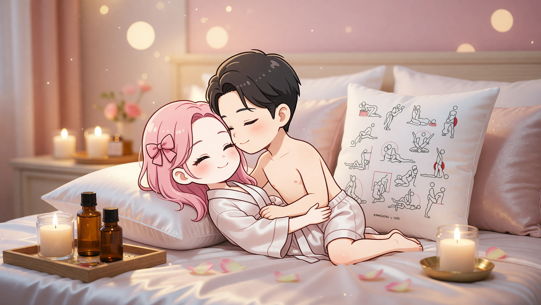 A loving couple unwinds in a silky spa position surrounded by candles and oils in a dimly lit bedroom.