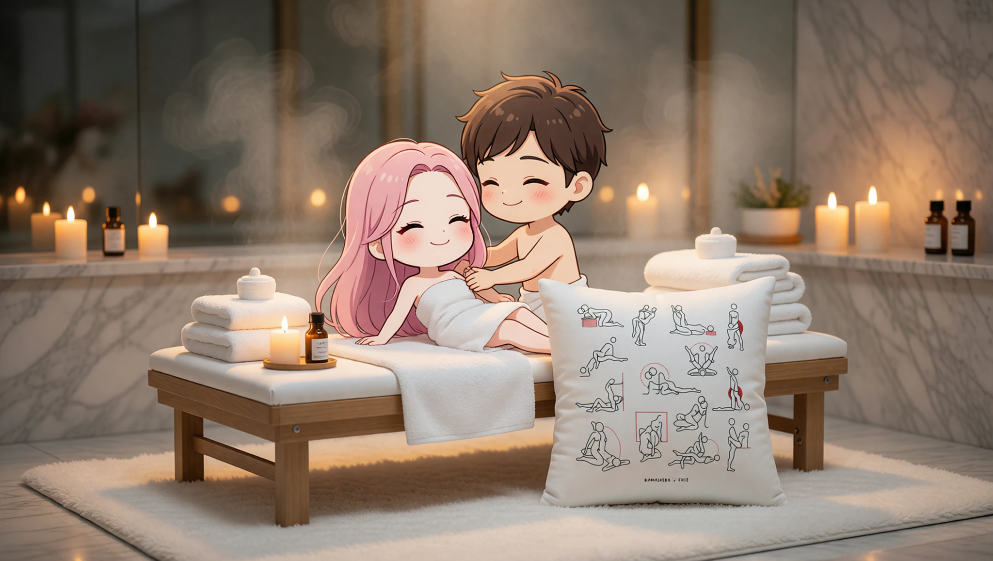 Heterosexual couple sharing a passionate spa-inspired embrace on a massage table surrounded by candles and oils.