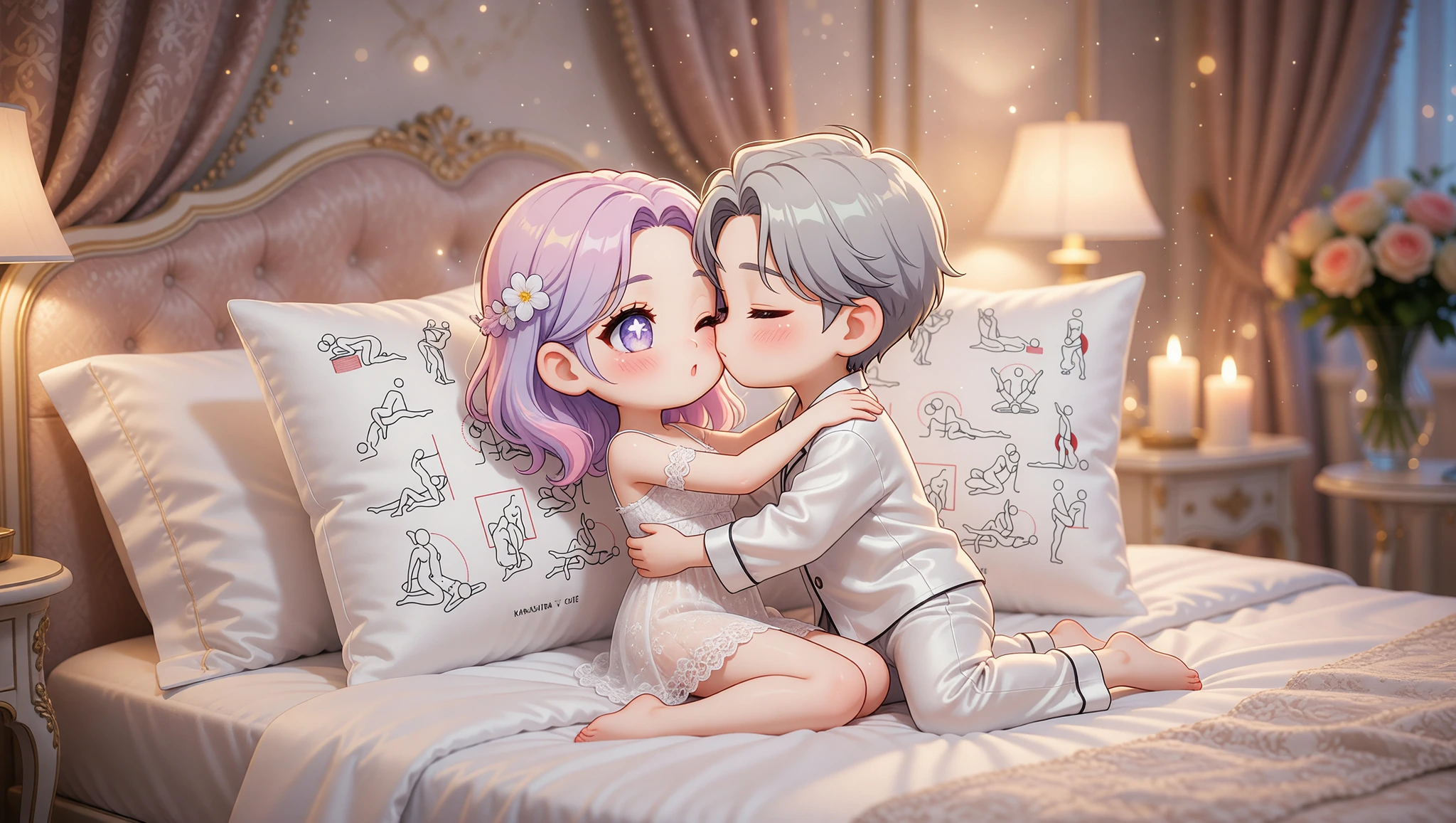 A loving man and woman couple sharing a tender yet passionate anniversary pose illuminated by soft candlelight.