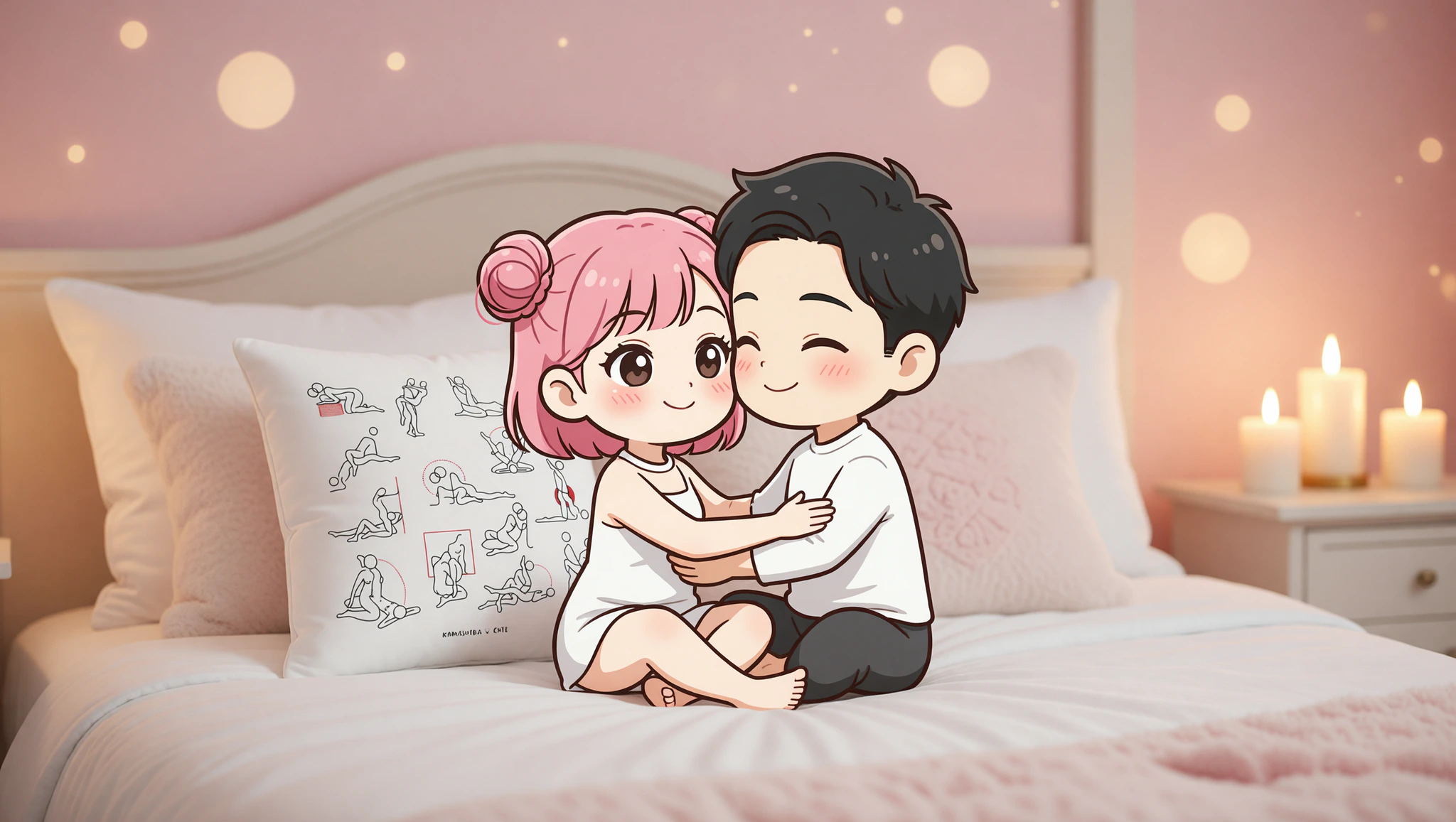 A loving couple sharing an intimate lotus pose on their anniversary night, surrounded by soft lighting and pillows.