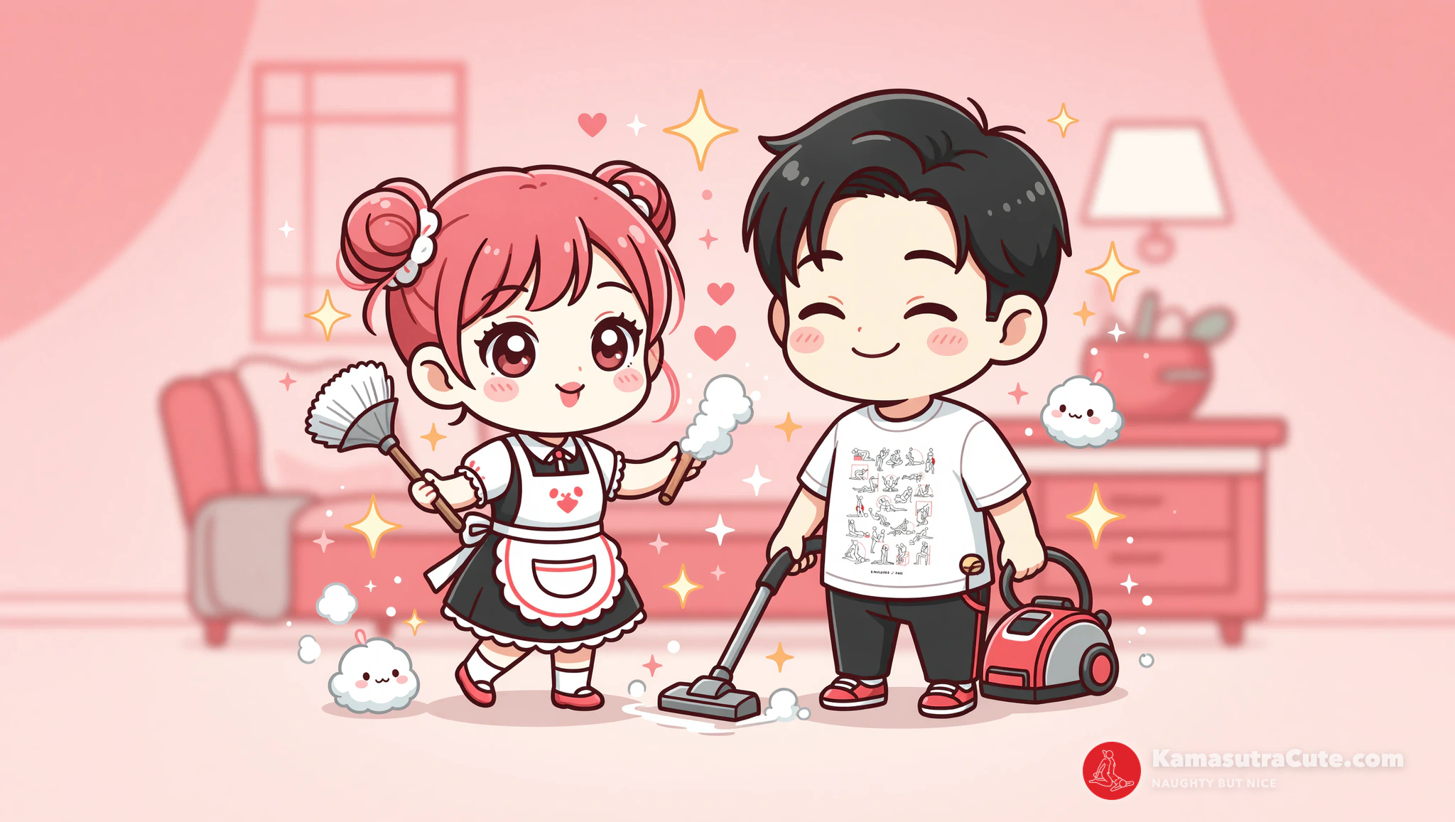Cute couple turning chores into flirty fun with feather duster