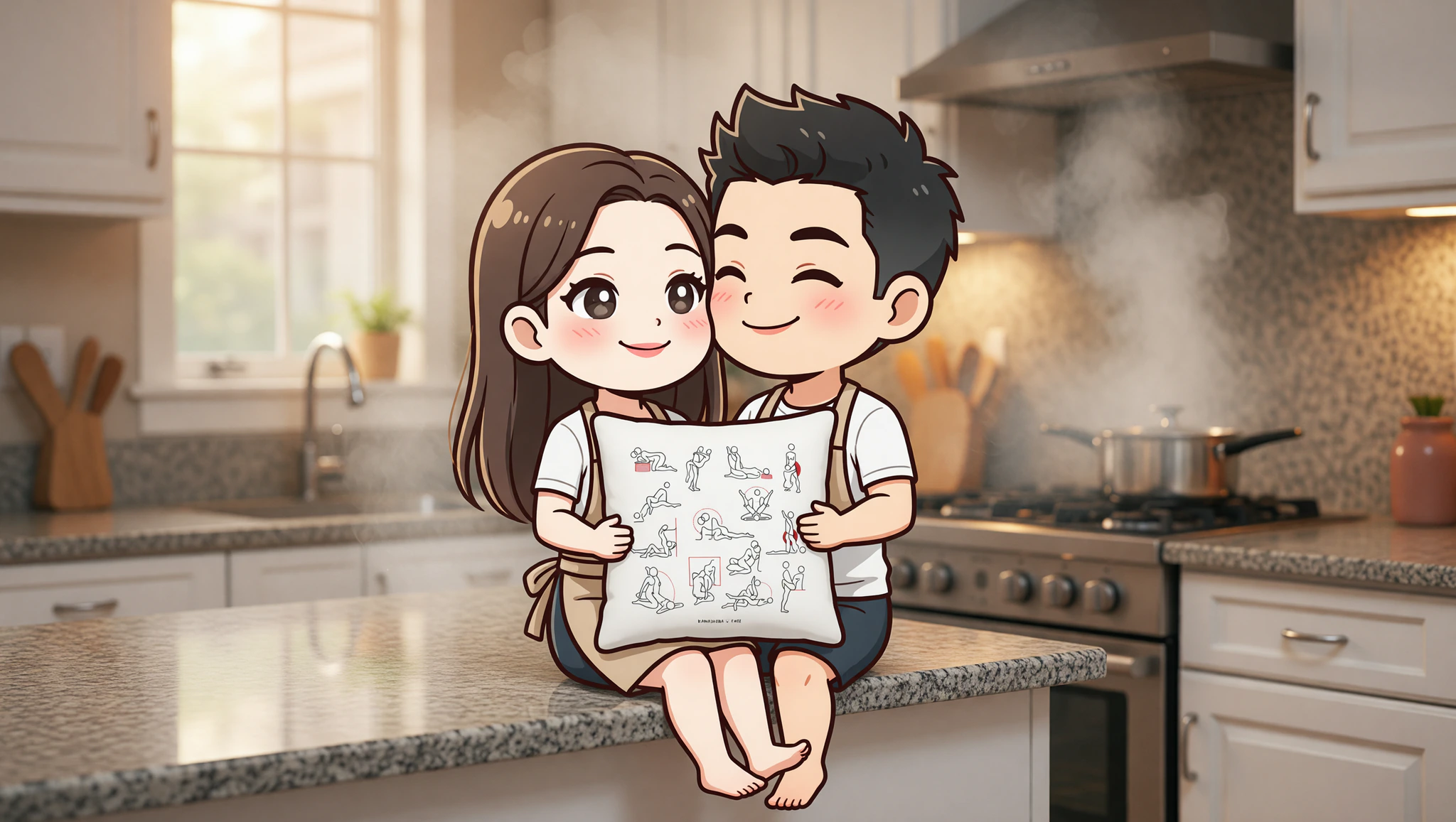 Pareja hombre y mujer en abrazo apasionado sobre la encimera de una cocina moderna, explorando posiciones picantes con conexión intensa.