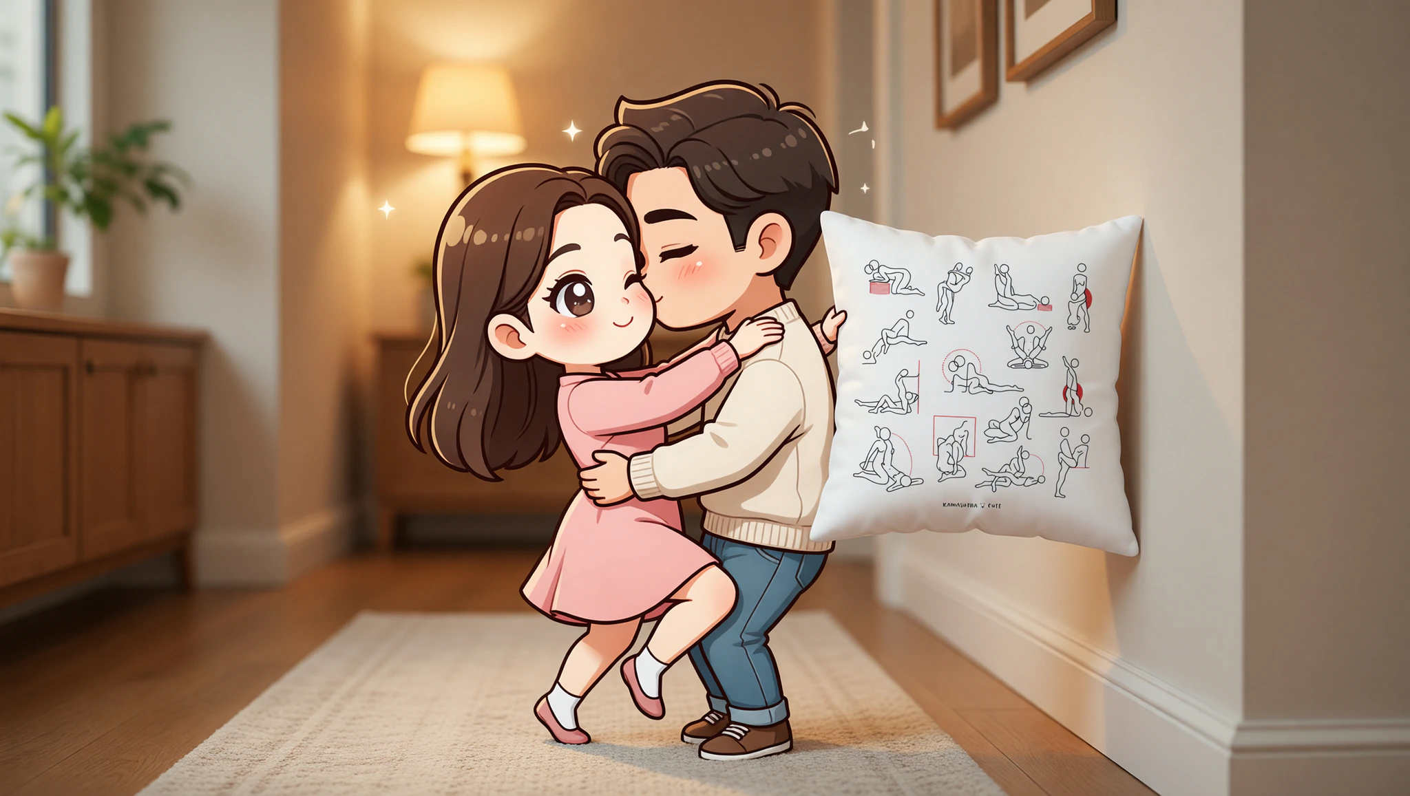 A man and woman passionately engaged in a wild impulse wall press position in their home.