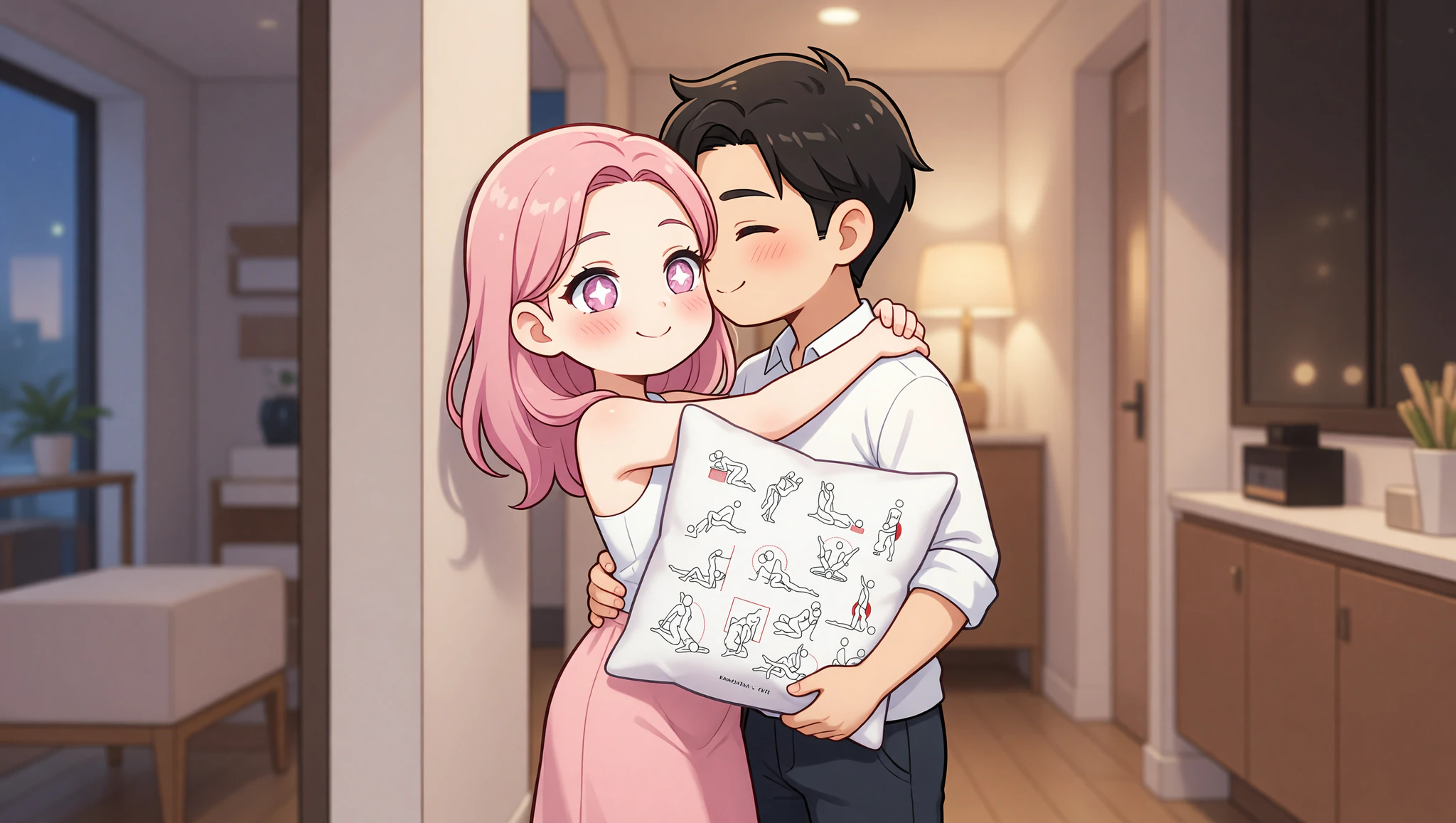 A man and woman sharing a passionate spontaneous wall embrace in their home hallway.