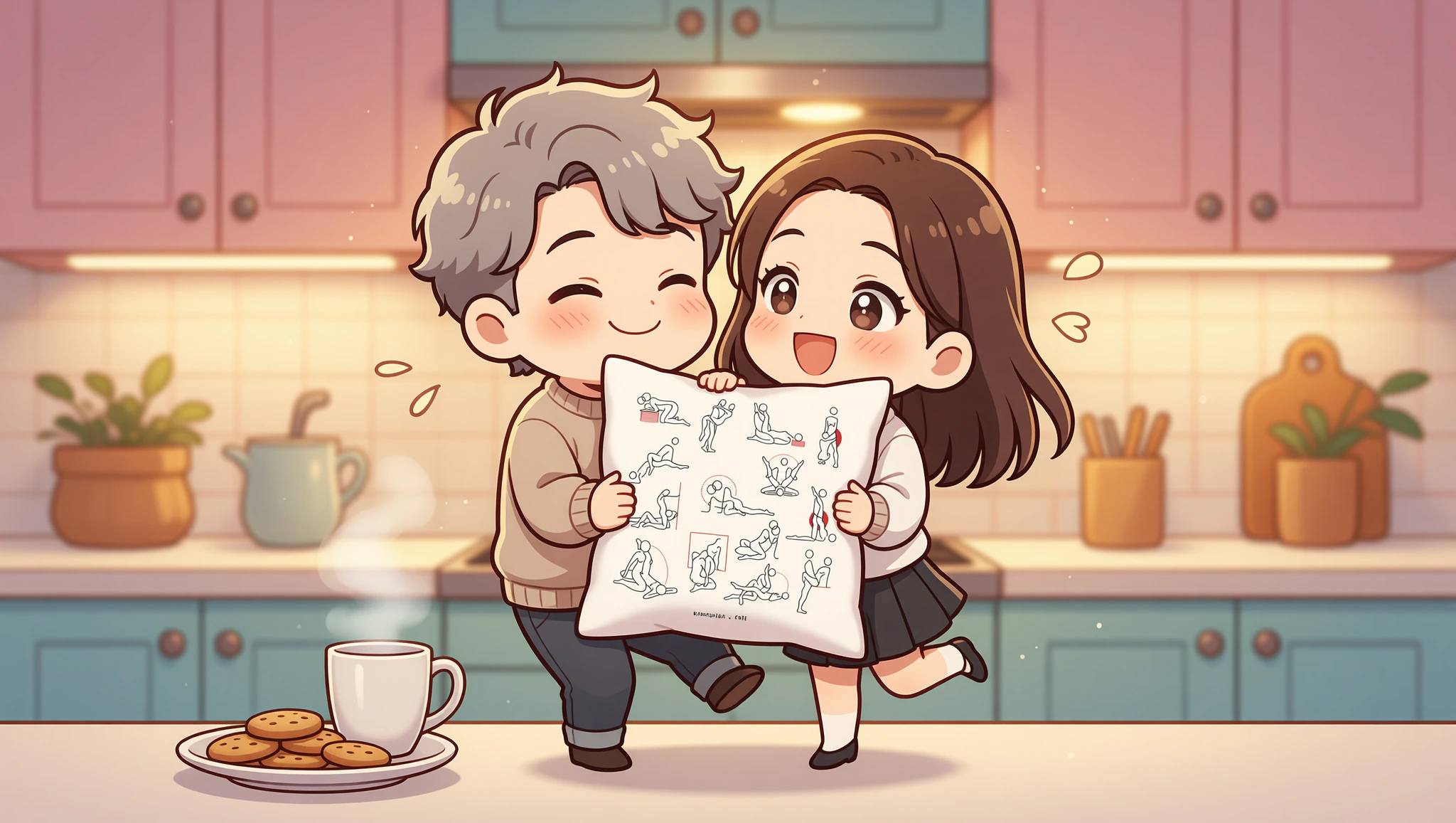 A man and woman sharing a spontaneous counter encounter in their kitchen.