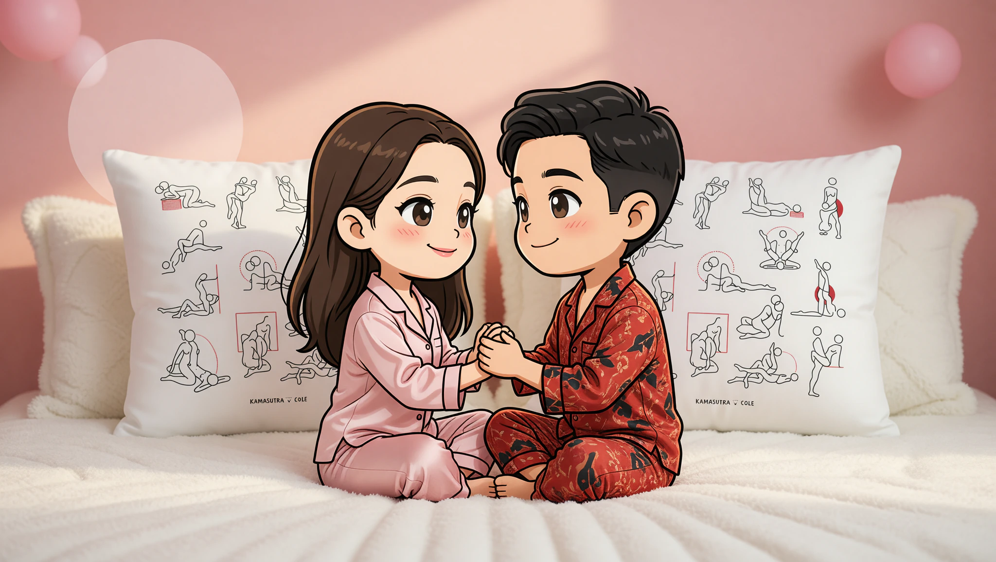 Man and woman in intimate Lotus position, embracing closely on bed.