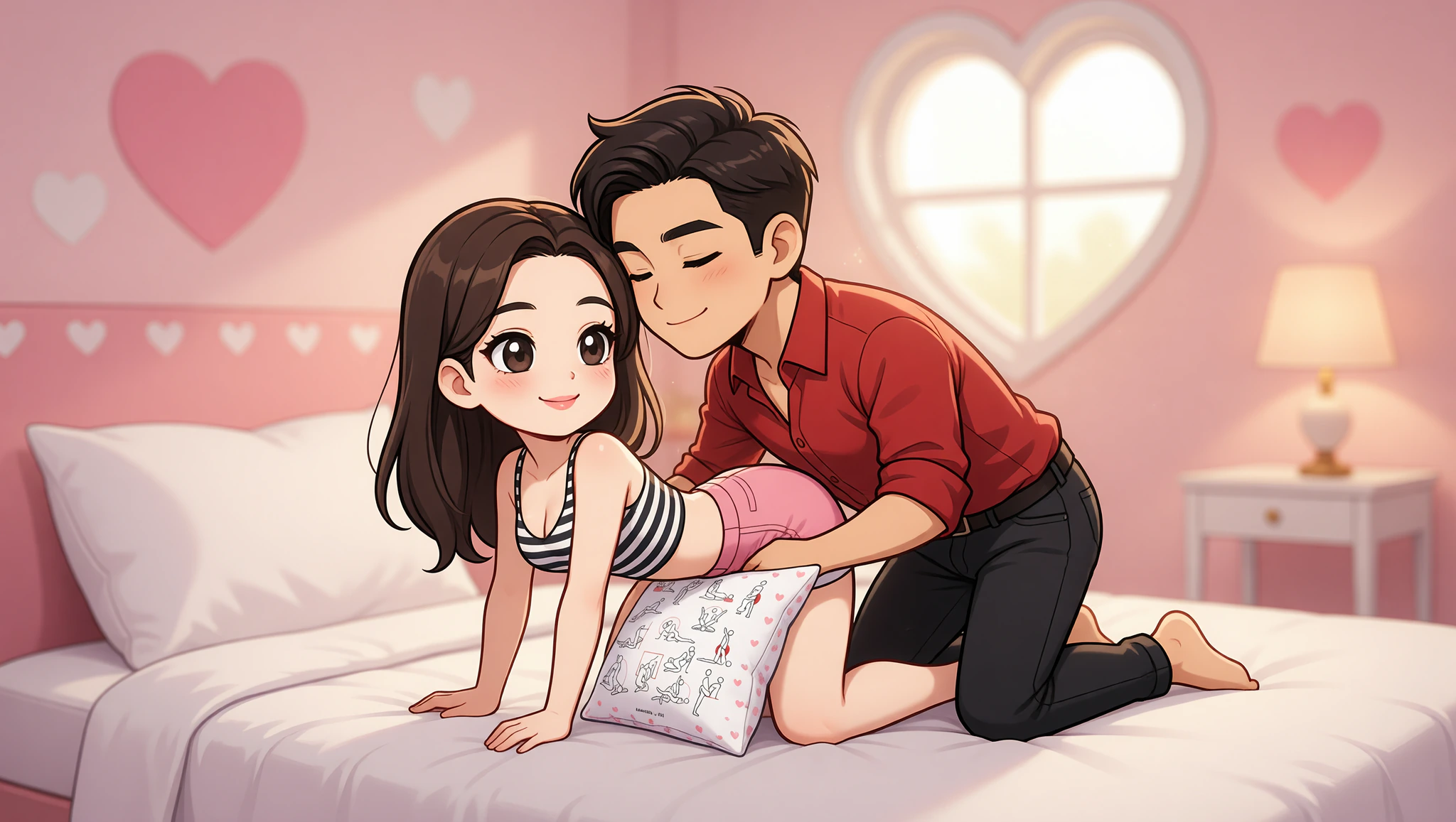 Passionate couple exploring an adventurous Kama Sutra arch position with supportive pillow on bed.