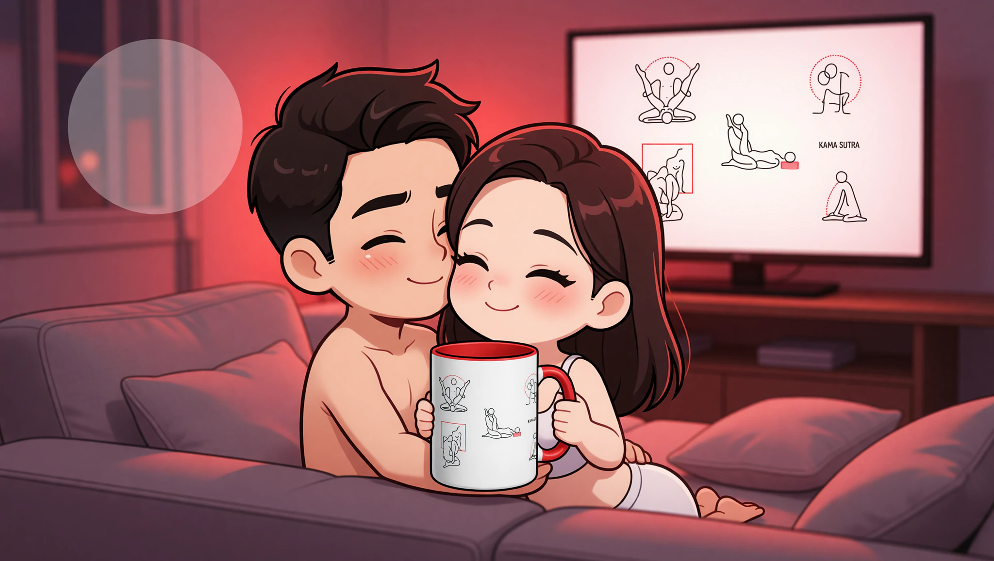 A man and woman sharing a passionate moment on the couch inspired by a Kama Sutra movie glowing on the TV.