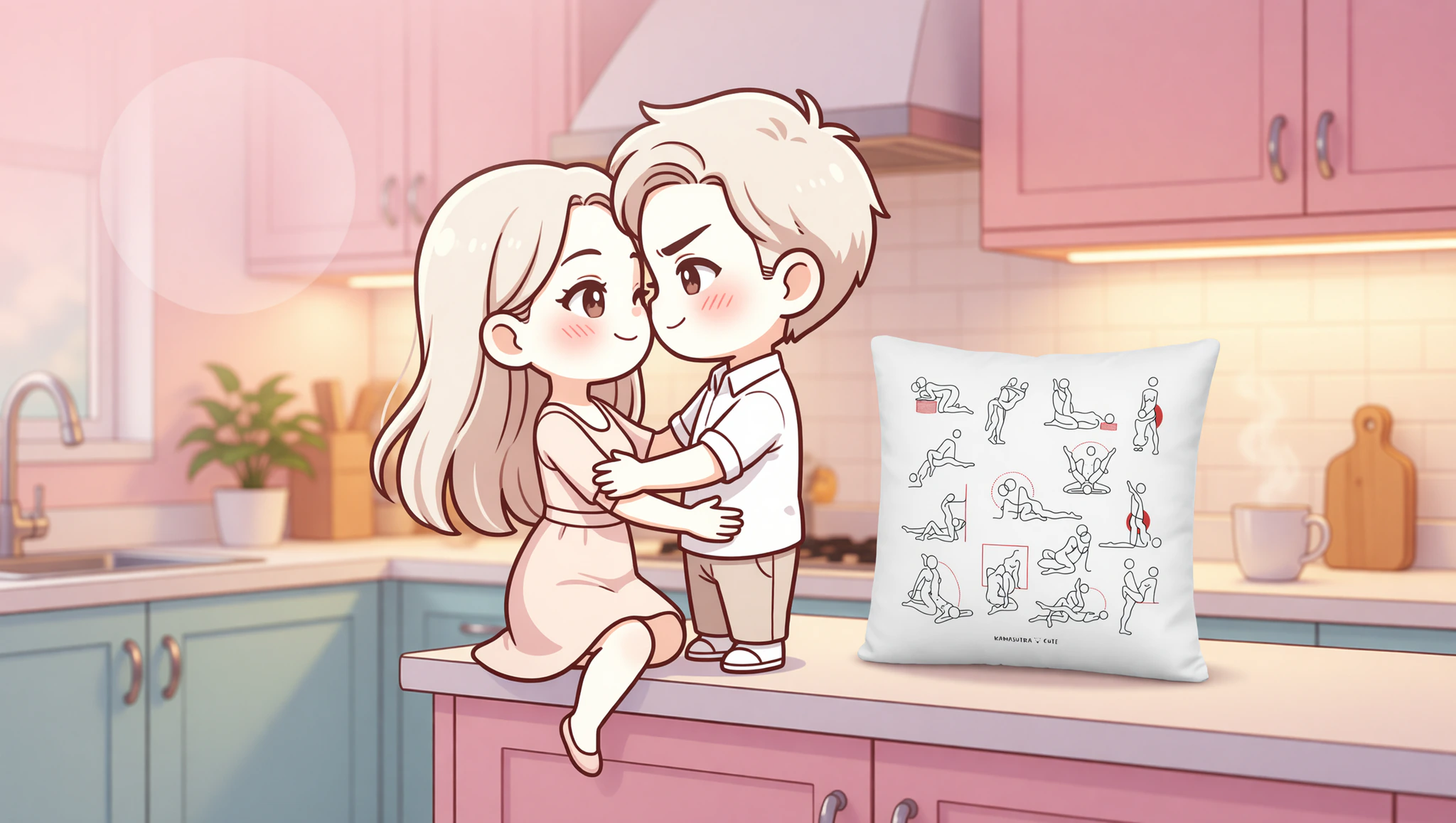 A man and woman sharing an intense impromptu wild sex position on their kitchen counter.