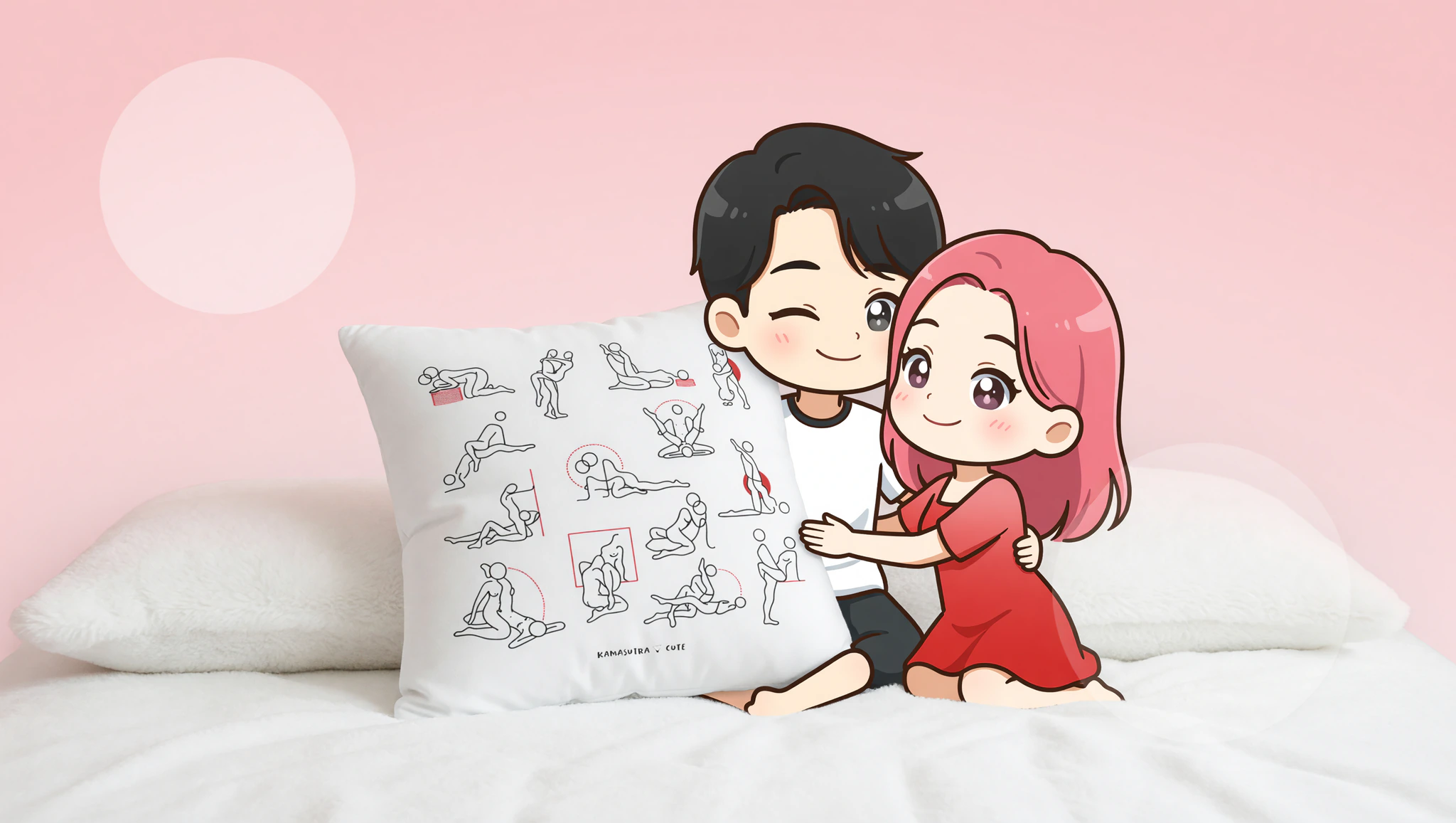 Passionate man and woman couple enjoying a quick thrill position with hip elevation on a cozy pillow in a dimly lit bedroom.