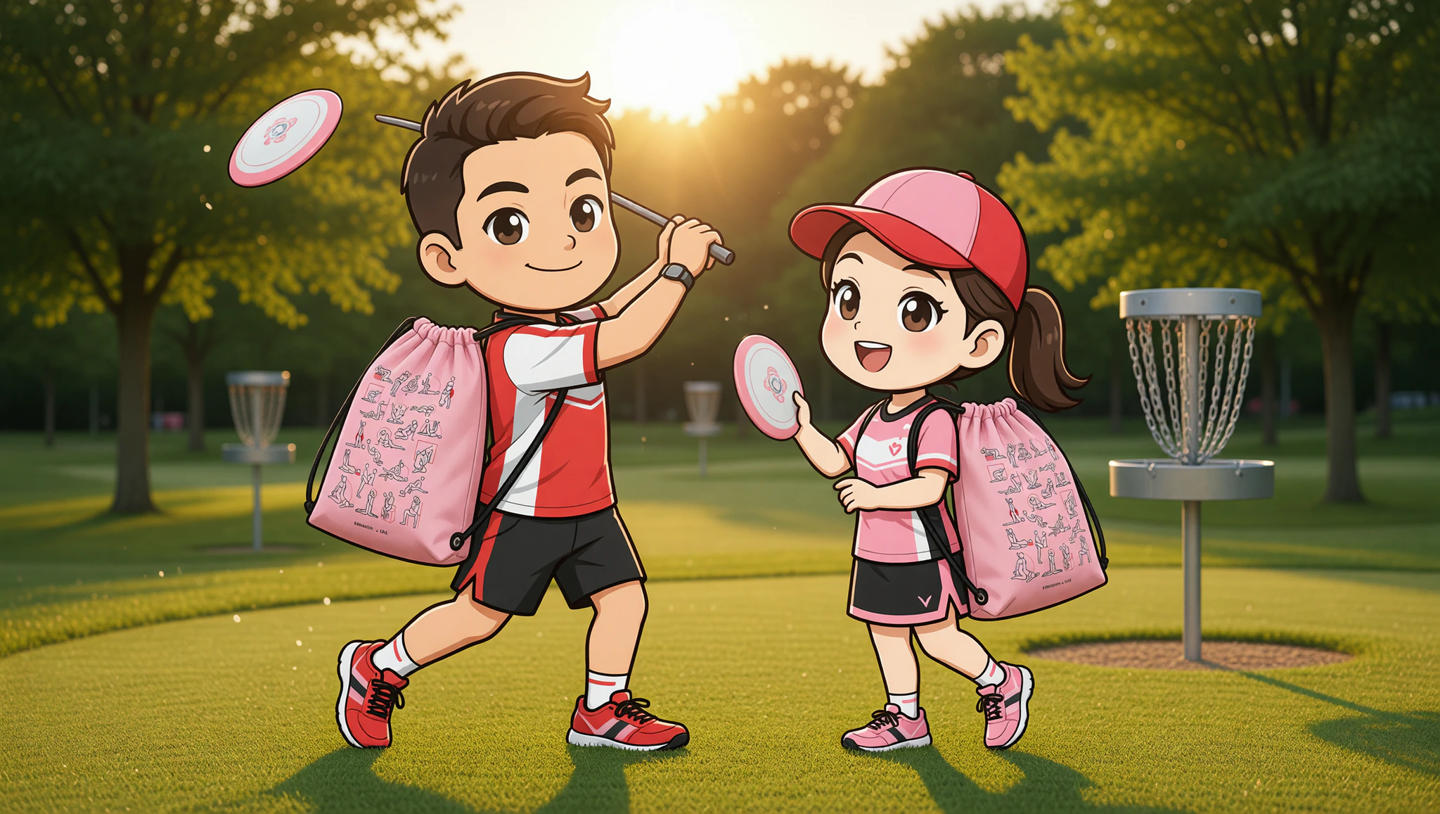 Sporty couple on disc golf date with Kamasutra Cute - Drawstring bags