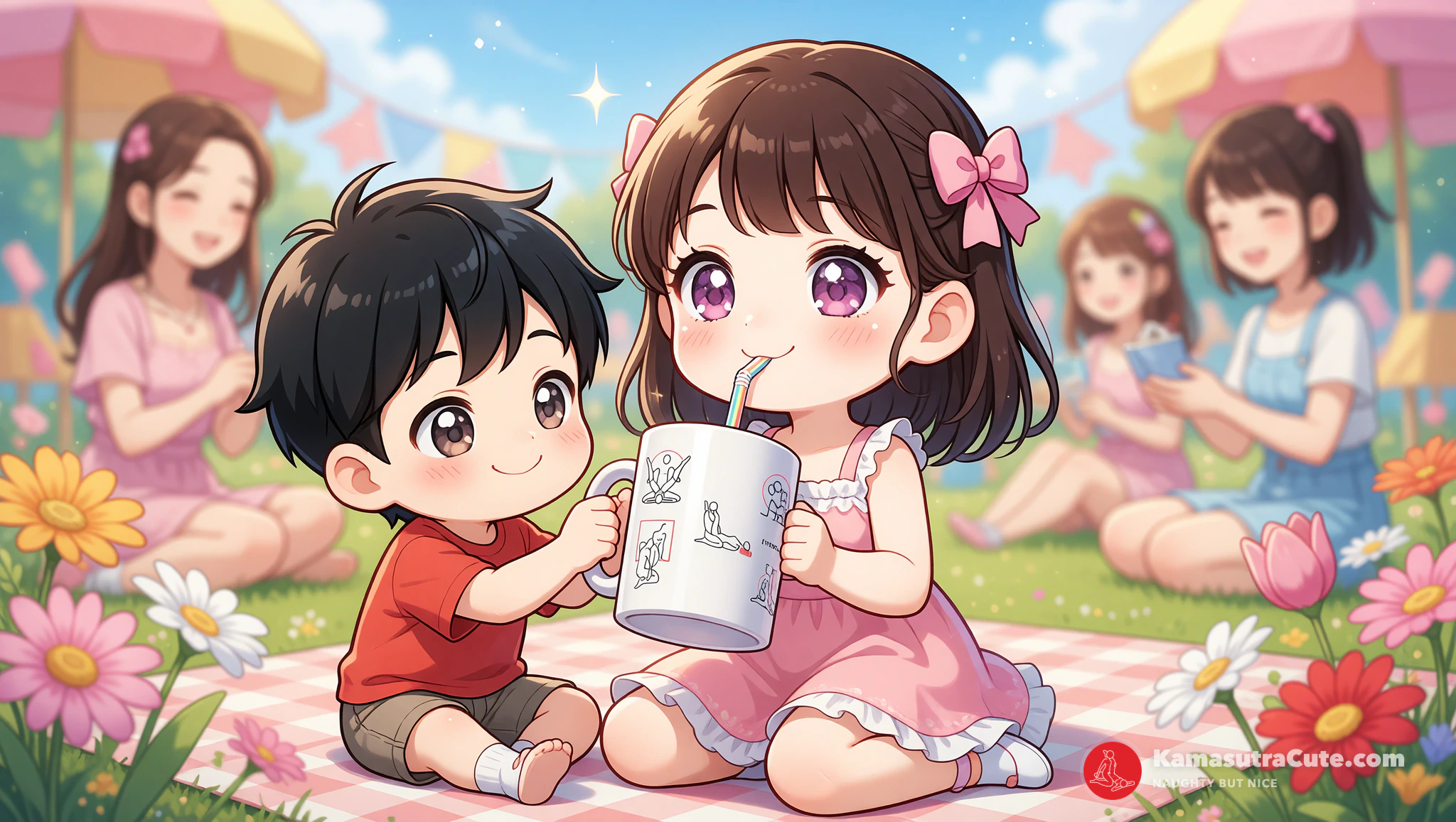 Flirty woman staying hydrated and cute at outdoor event with white glossy mug.