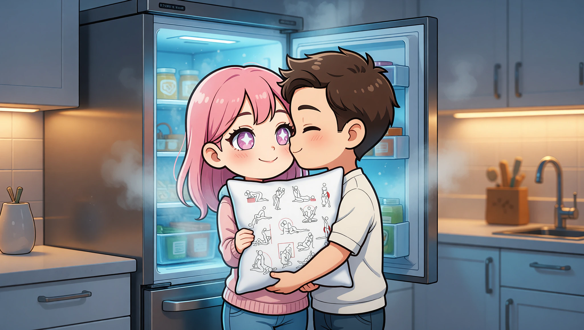 A man and woman sharing a steamy intimate pose against the kitchen fridge door.