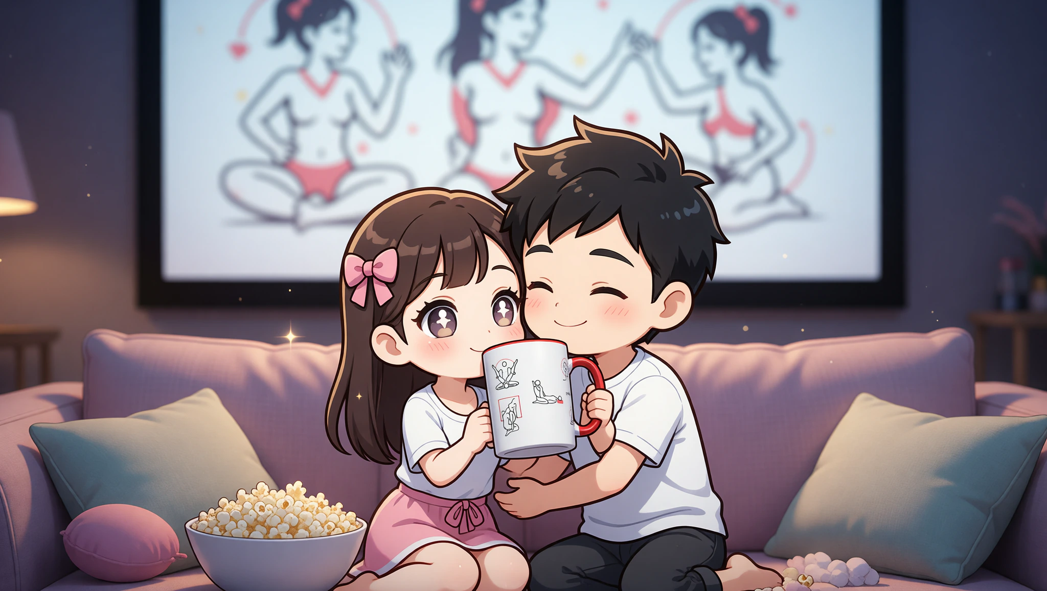 Man and woman couple starring in their own Kama Sutra cinema night at home.