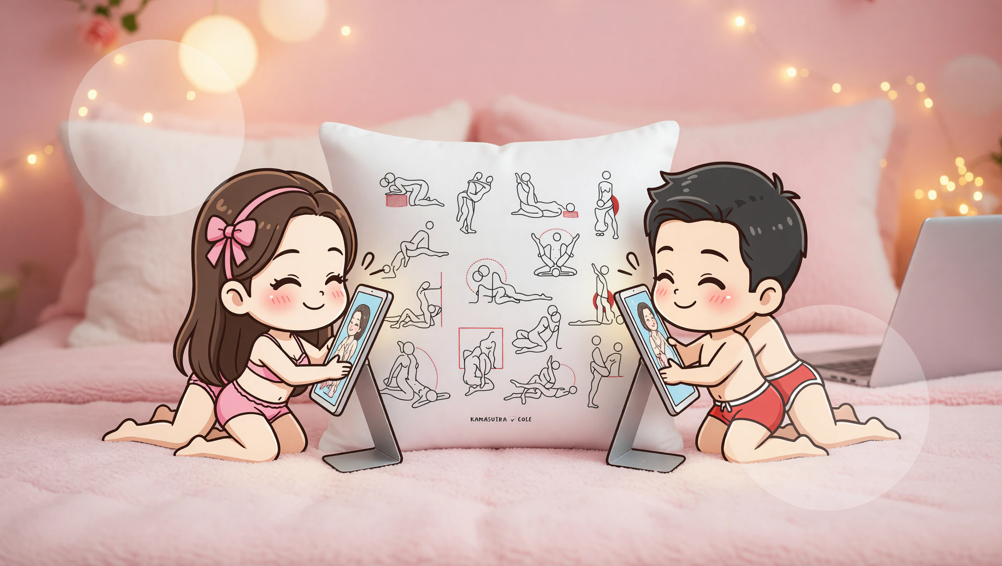 Long-distance couple mirroring steamy sex positions during a video call.