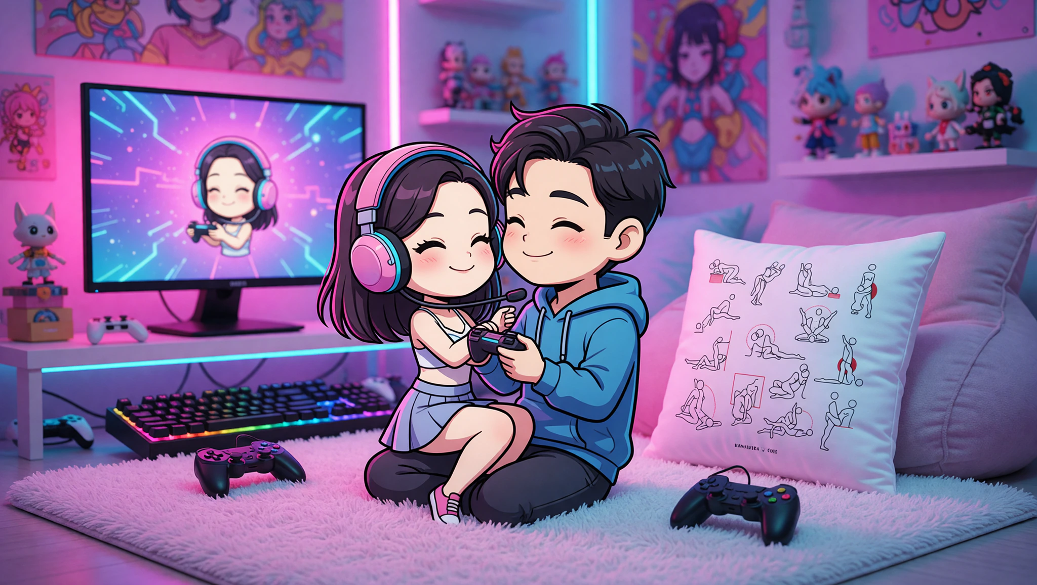 A playful couple enjoying a gamer-inspired sex position in their themed bedroom.
