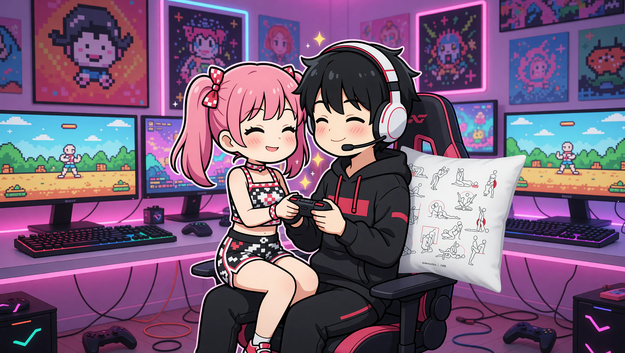 A man and woman enjoying a pixel-themed gamer sex position in a vibrant bedroom setup.