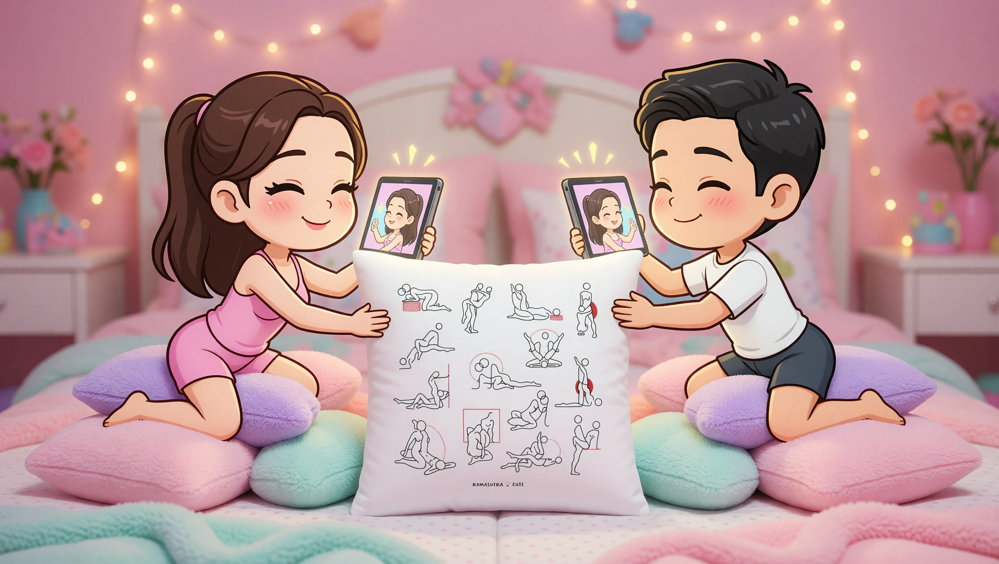 A man and woman passionately mirroring cowgirl sex positions over a video call using supportive pillows.