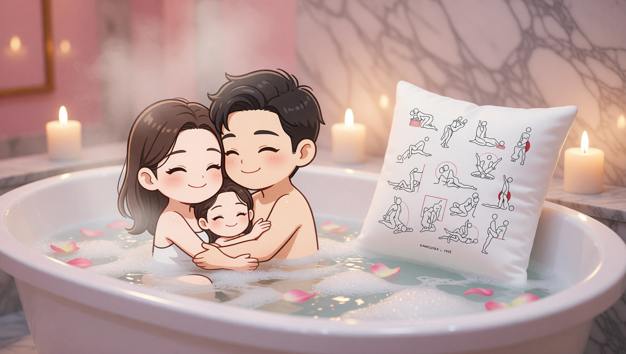 A man and woman cuddling in a steamy bathtub during a relaxing spa soak pose.