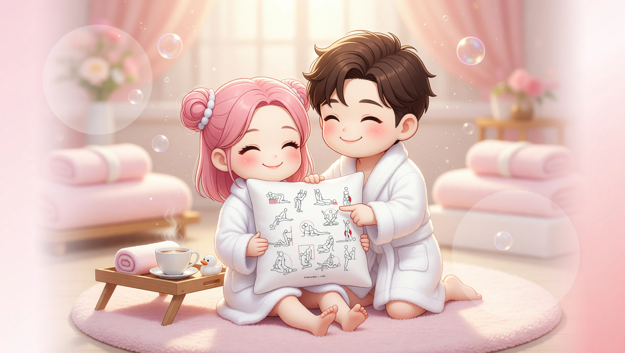 Pareja hombre y mujer en pose loto sumergida en bañera vaporosa con burbujas y velas románticas.