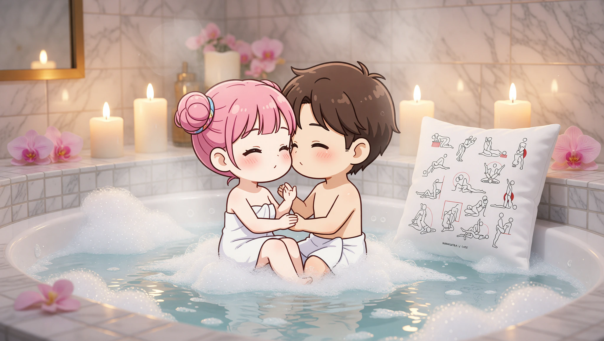 A man and woman sharing an intimate lotus position in a bubbling spa bathtub under dim lights.