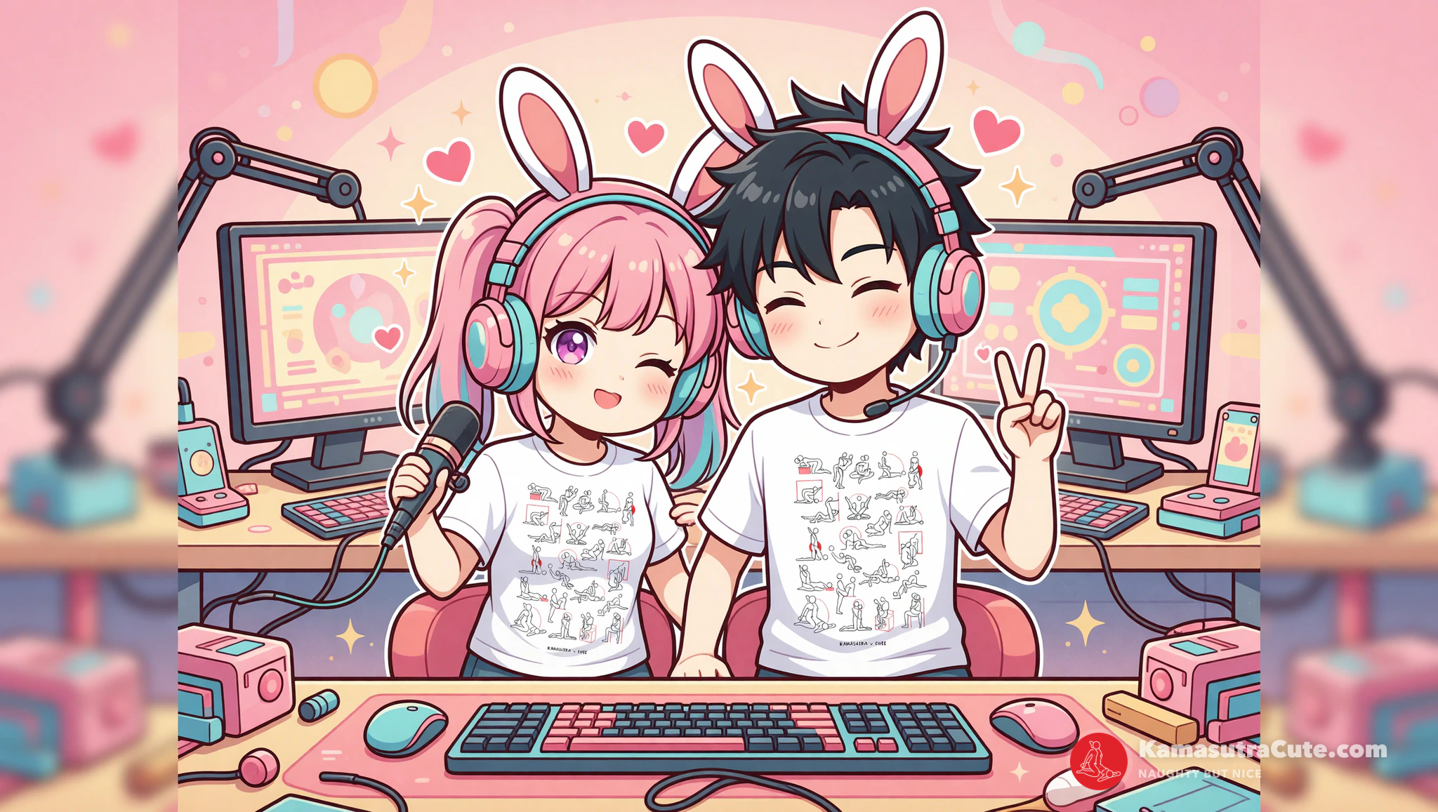Man and woman streamer couple in Kamasutra Cute tees, keeping it cute on camera.