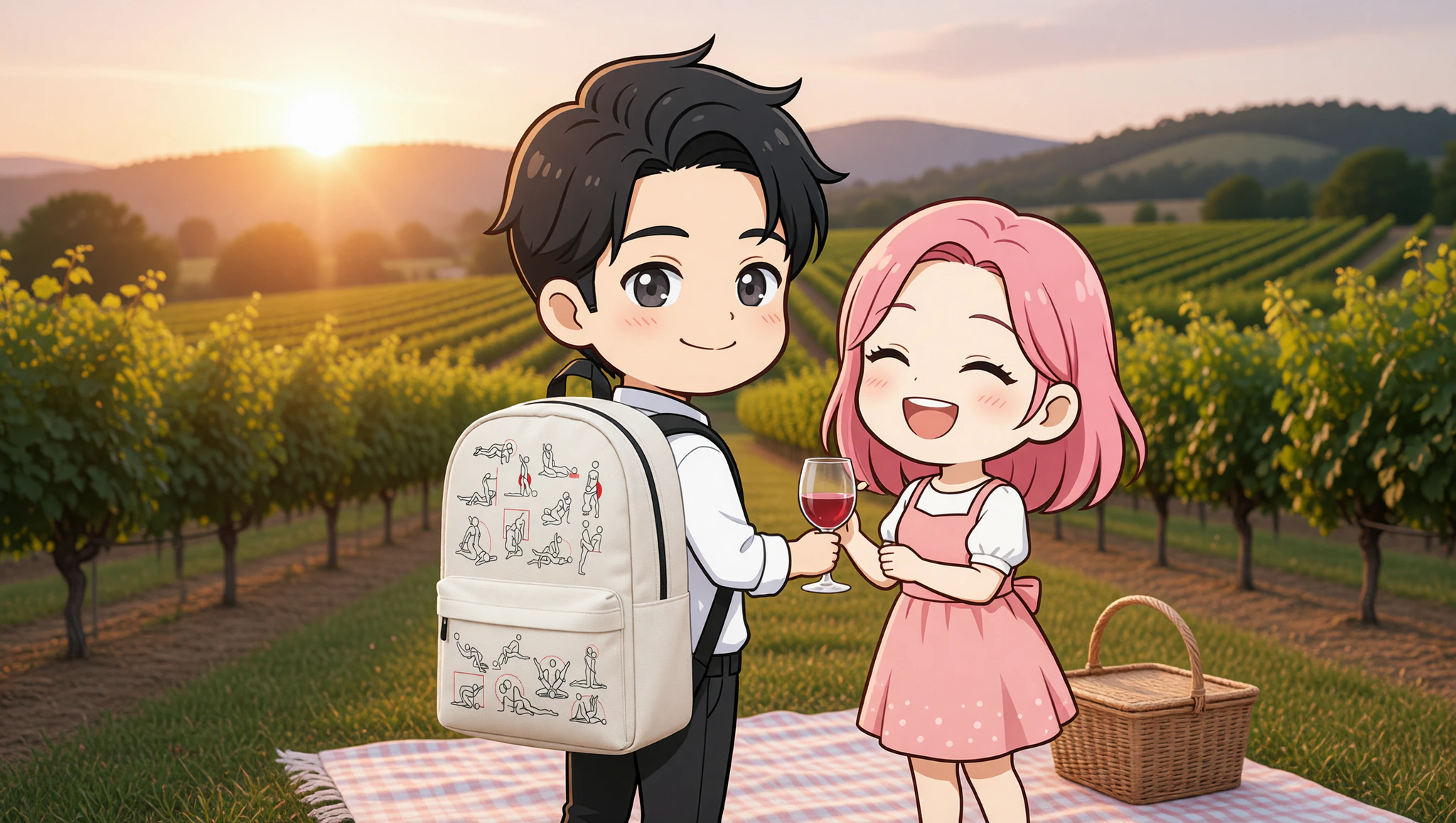 Couple on romantic wine tasting date with Kamasutra Cute - Backpack in vineyard