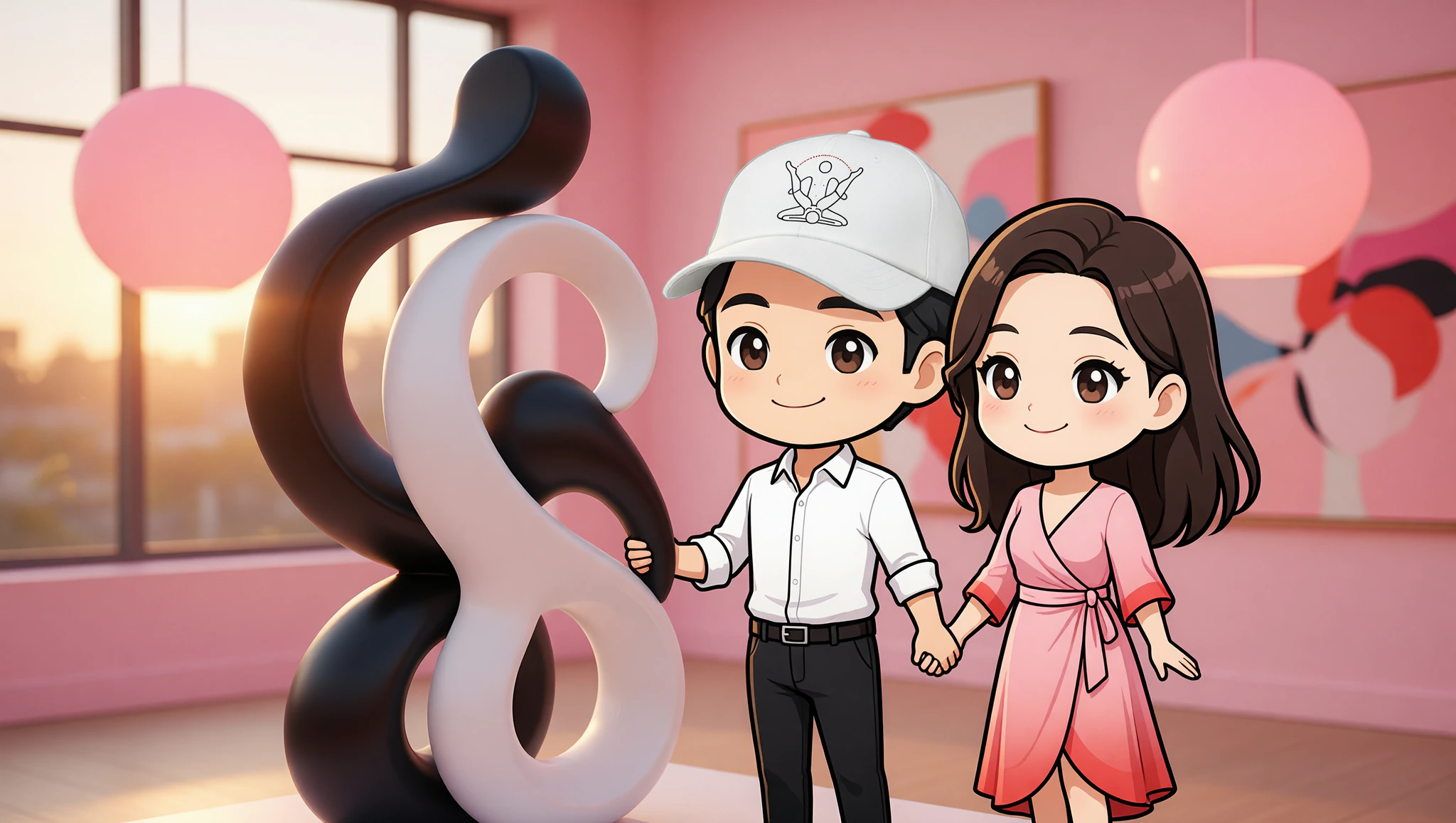 Couple in stylish dad hat on flirty gallery tour