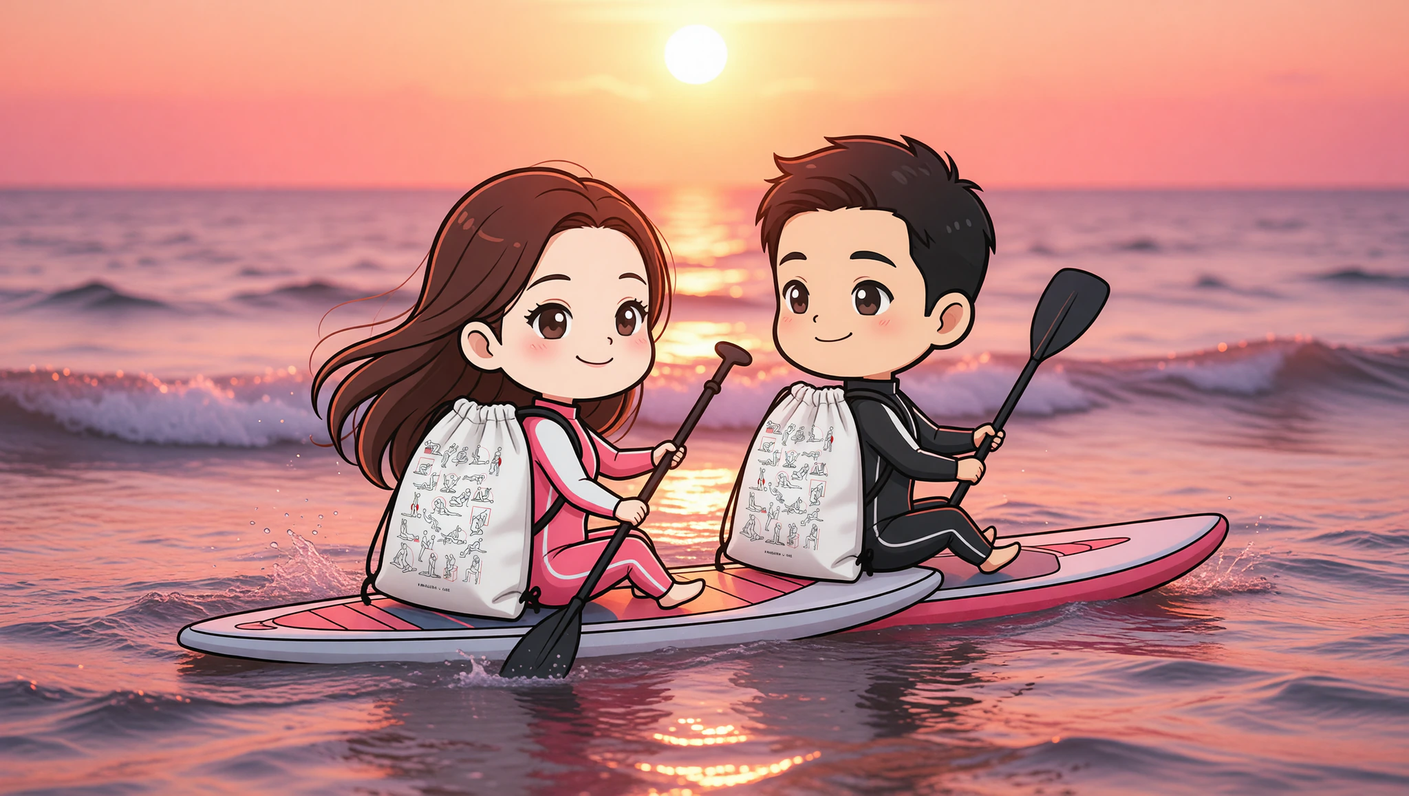 Couple on paddleboards at sunset with drawstring bag, ready for adventure.