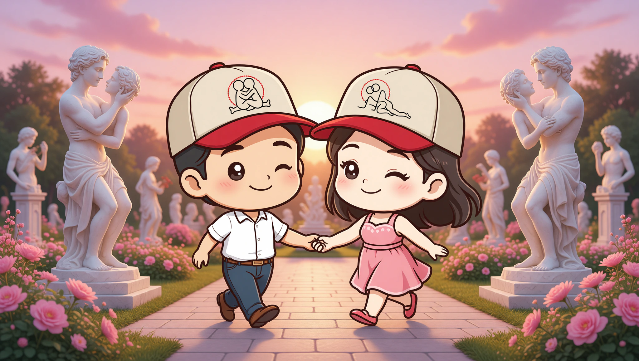 Chibi couple in Kamasutra caps on sculpture garden date.