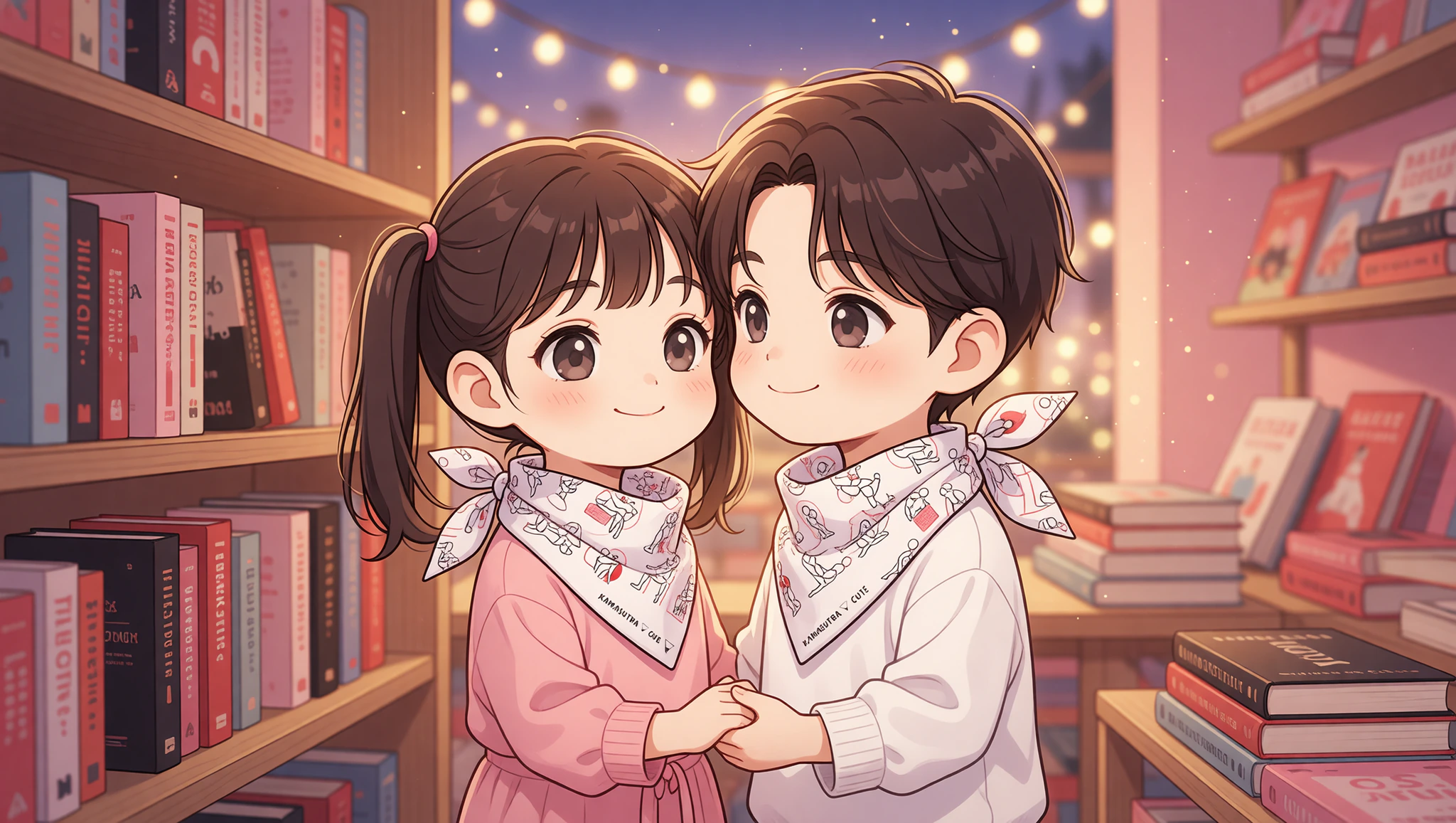 Chibi couple in Kamasutra bandanas on flirty bookstore date.