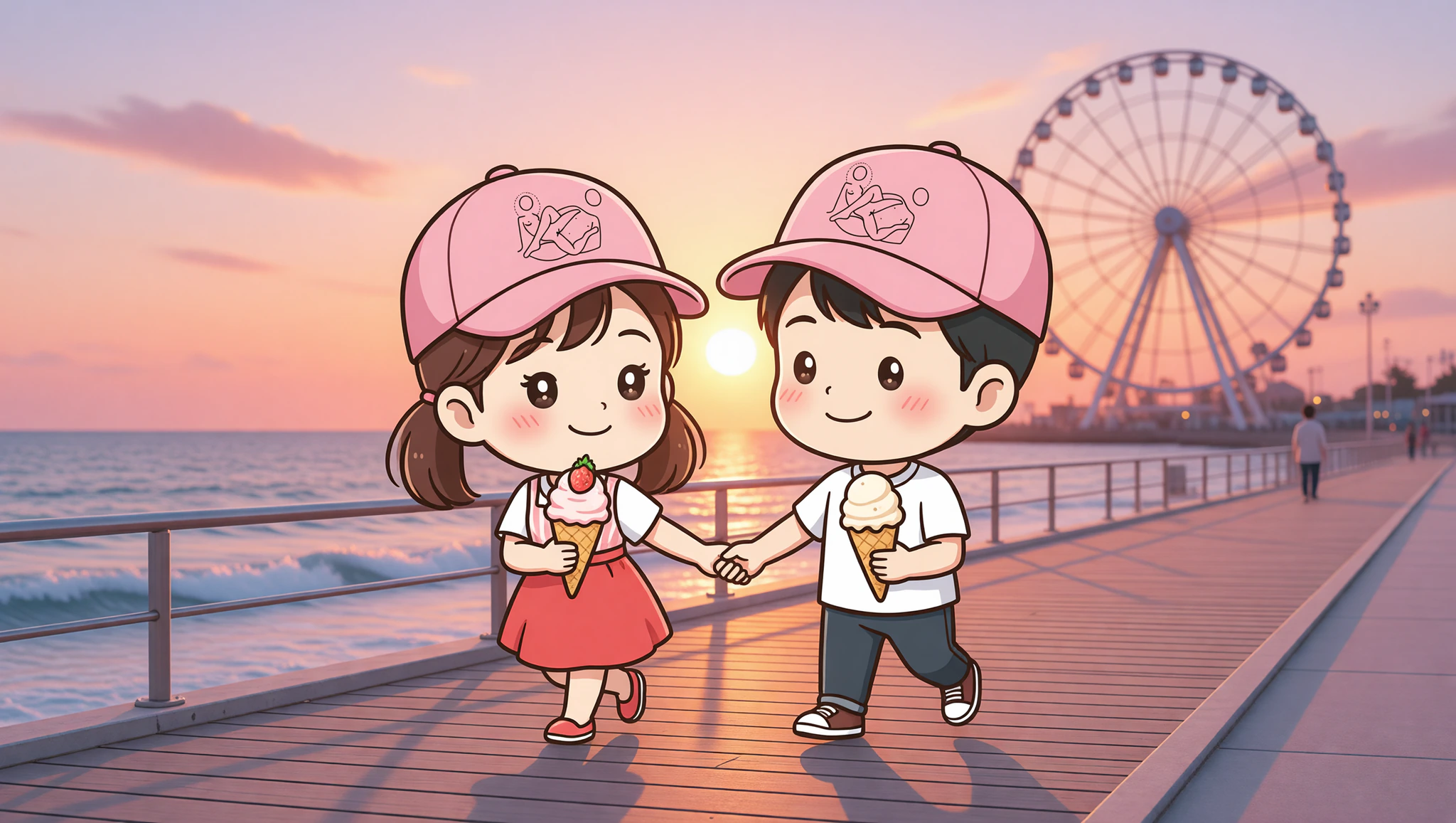 Chibi couple in pastel Kamasutra hats on romantic boardwalk stroll.