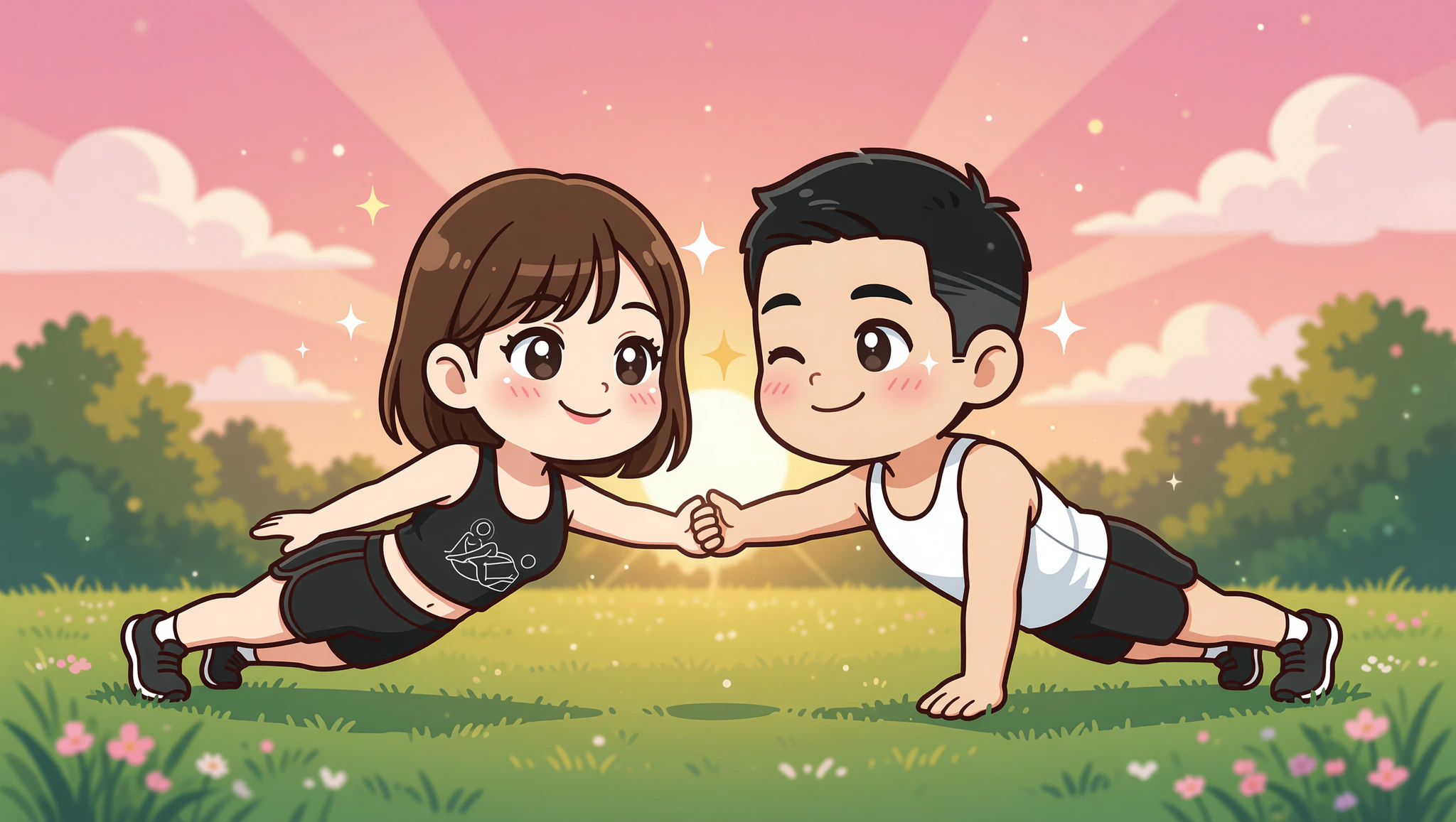 Couple enjoying romantic bodyweight plank workout in park, woman in Kamasutra Cute - Crop Top