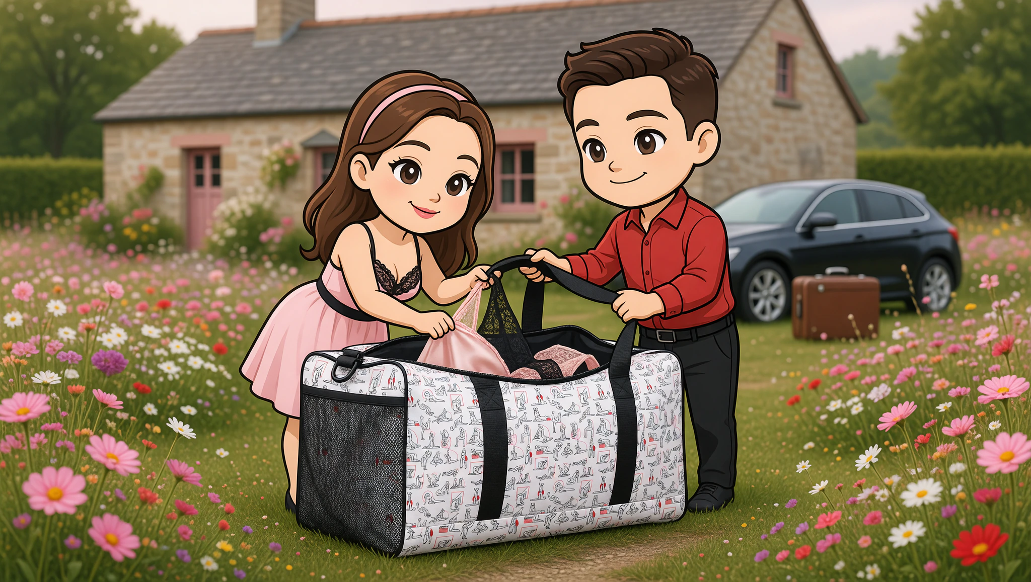 Couple packing Kamasutra Cute - Duffle bag for romantic B&B adventure.