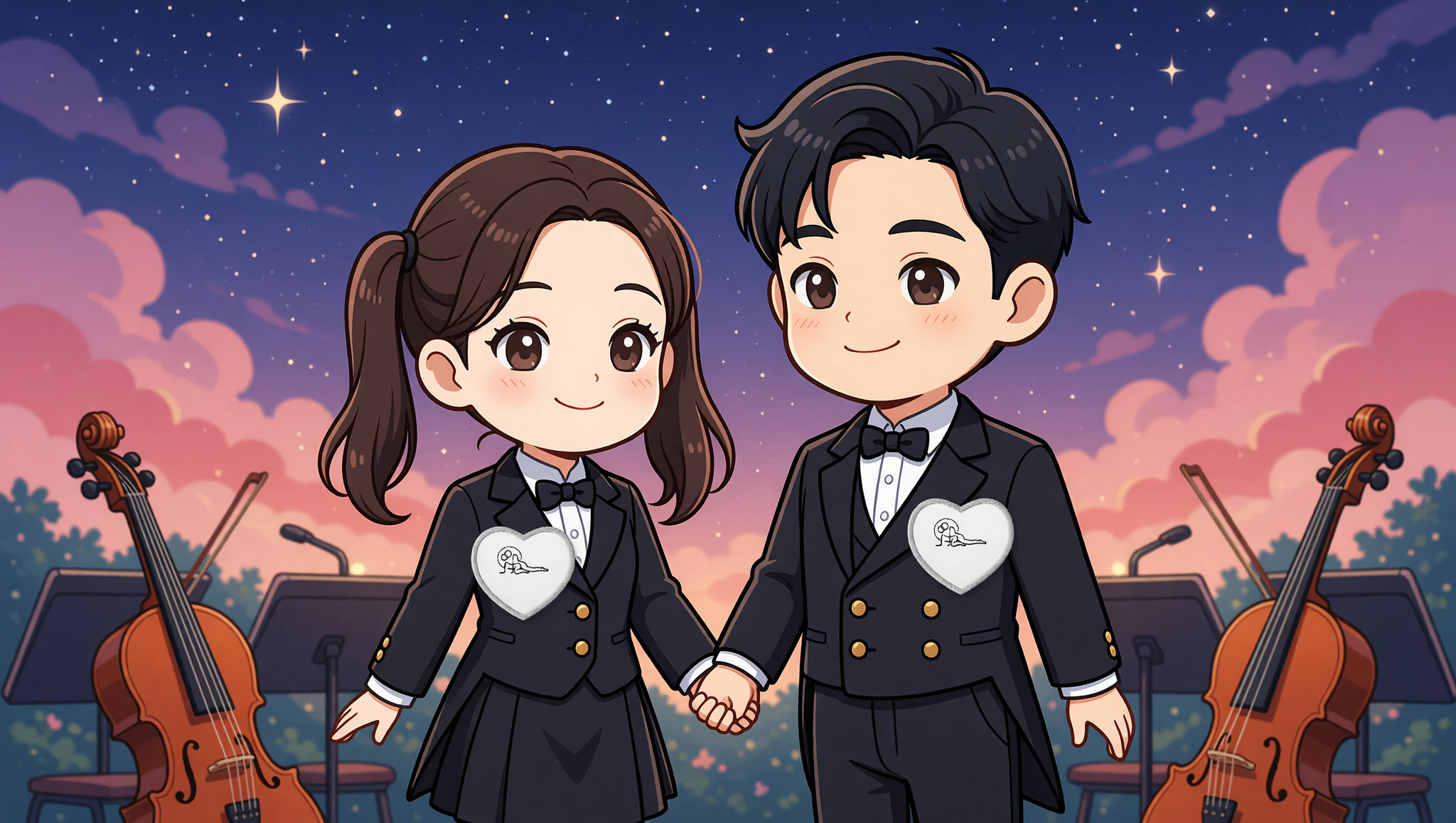 Chibi couple in Kamasutra patch jackets at symphony concert
