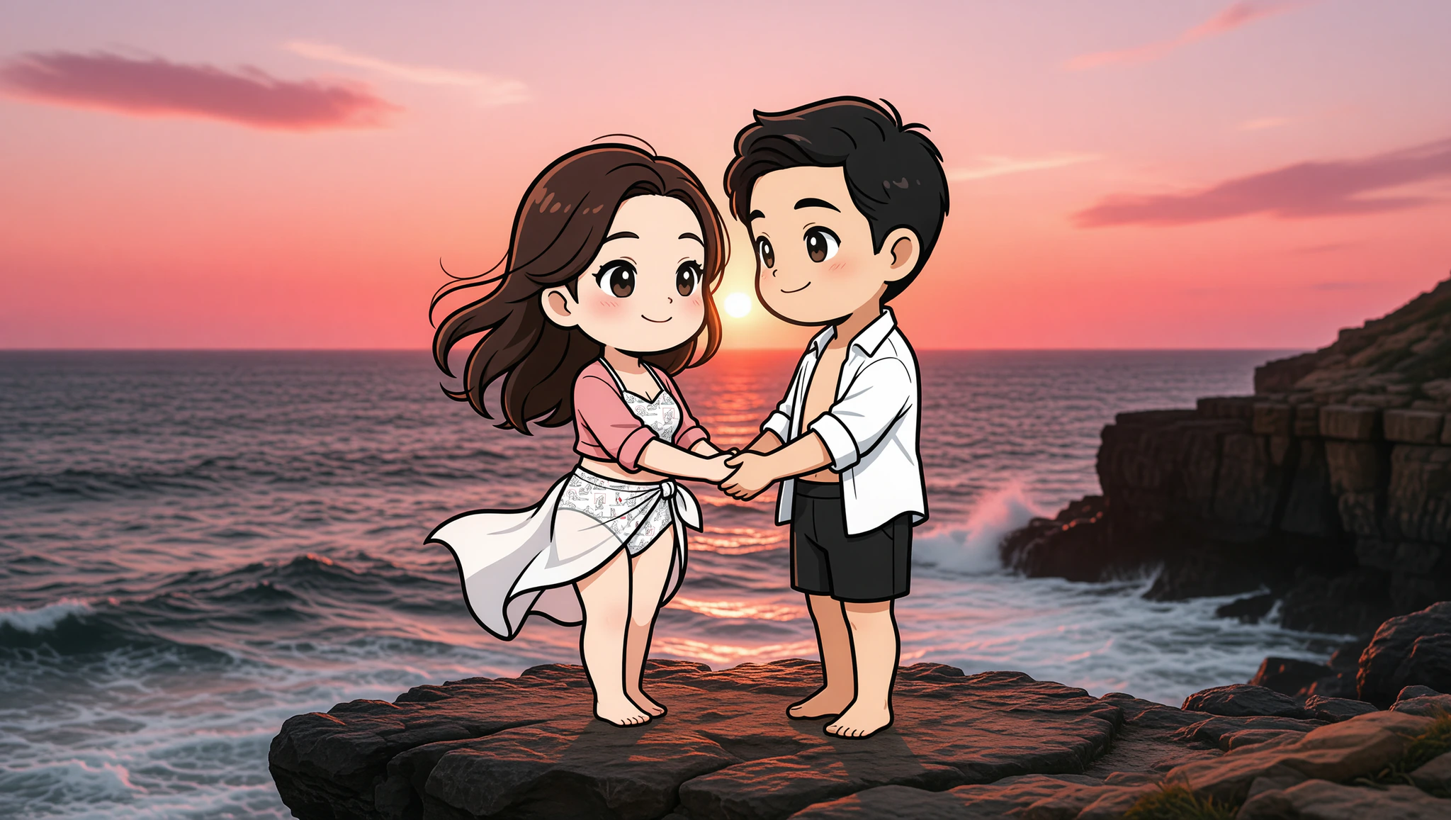 Couple on seductive cliff walk date wearing Kamasutra Cute high-waisted bikini.