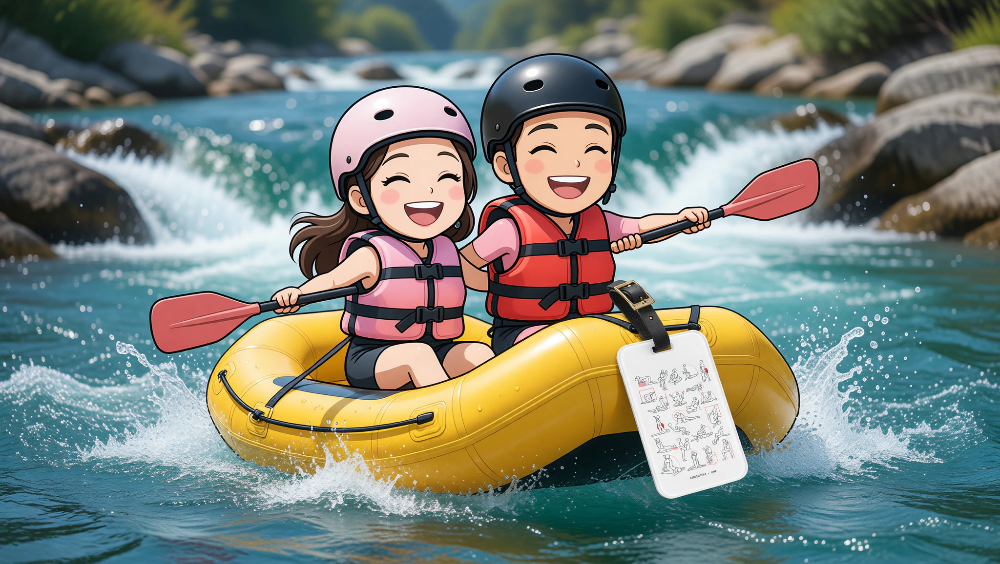 Adventurous couple on rafting trip with cute Kamasutra luggage tags