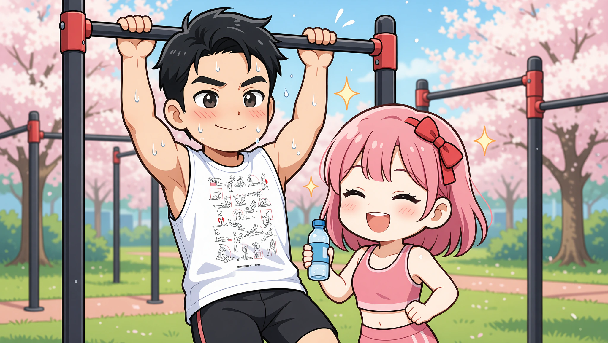 Couple on flirty calisthenics park date, man in stylish Kamasutra muscle shirt.