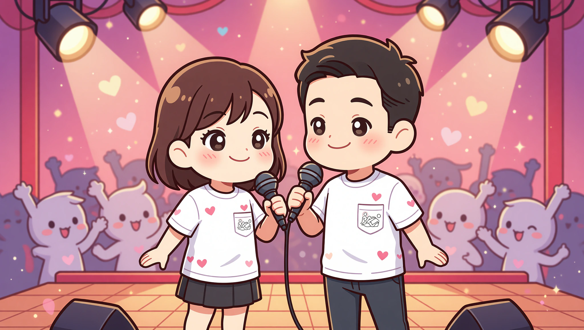 Chibi couple in Kamasutra Cute t-shirts performing at poetry slam.