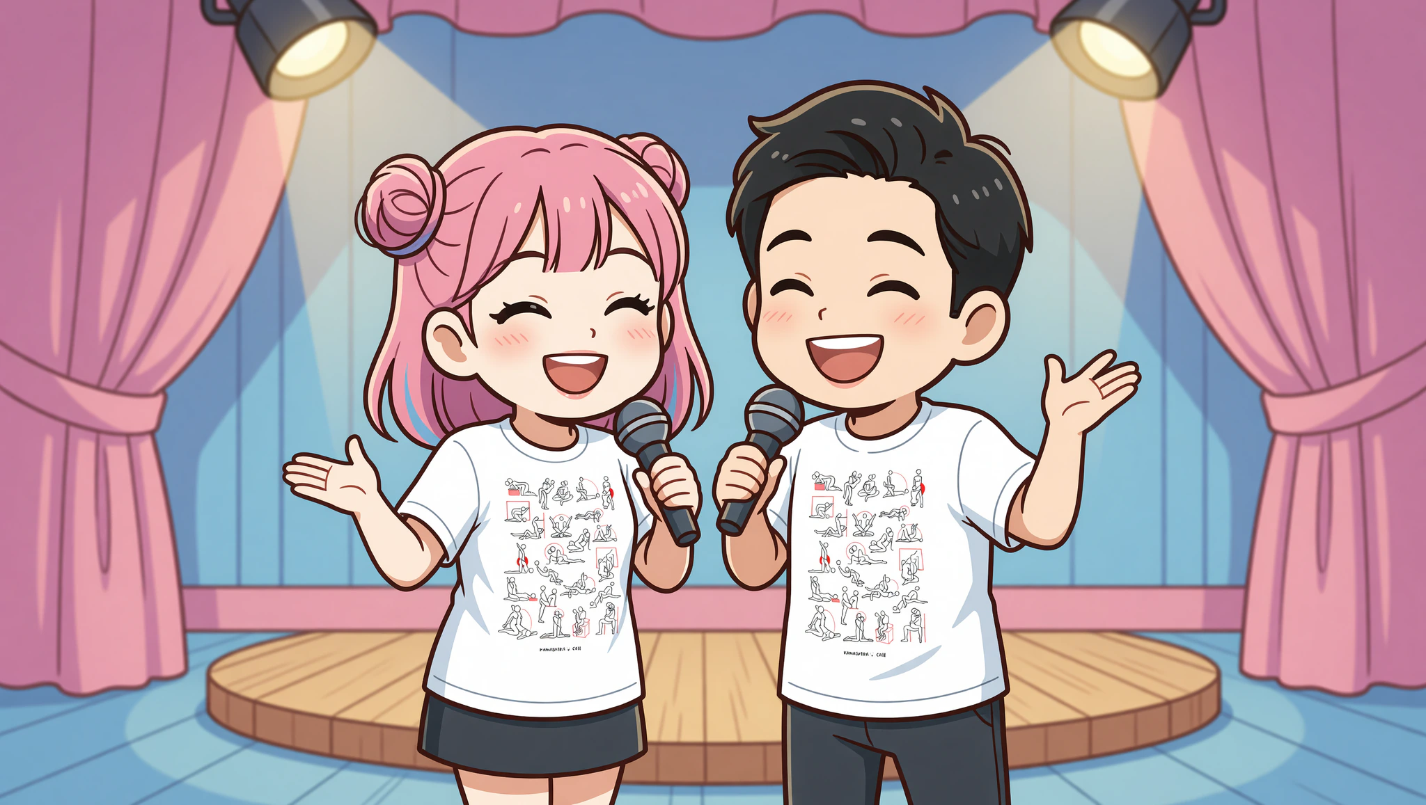 Chibi couple in Kamasutra Cute tees laughing at improv comedy date.