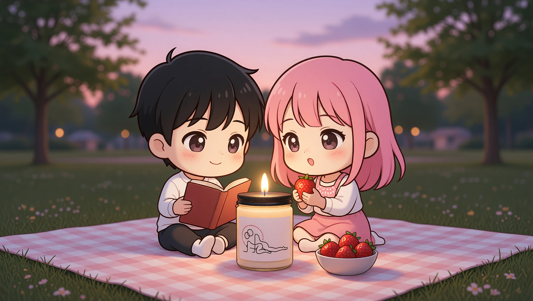 Couple enjoying poetry picnic with Kamasutra Cute candle glow
